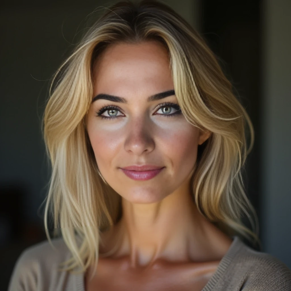 high quality DSLR picture, pretty blonde mature woman with grey-green eyes and fine contoured lips, soft, non nude, much skin