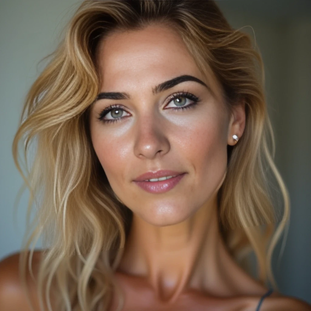 high quality DSLR picture, pretty blonde mature woman with grey-green eyes and fine contoured lips, soft, non nude, much skin