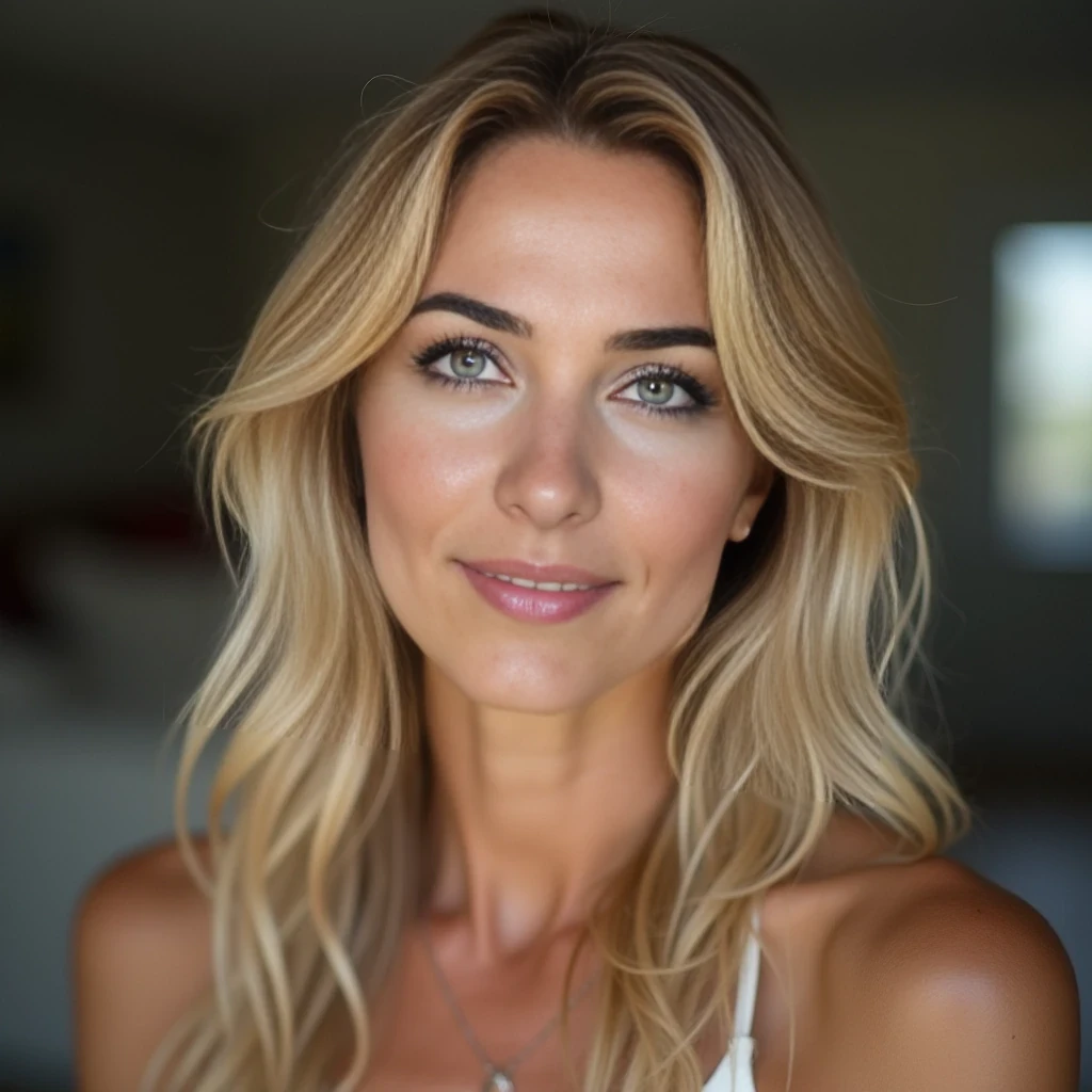 high quality DSLR picture, pretty blonde mature woman with grey-green eyes and fine contoured lips, soft, non nude, much skin