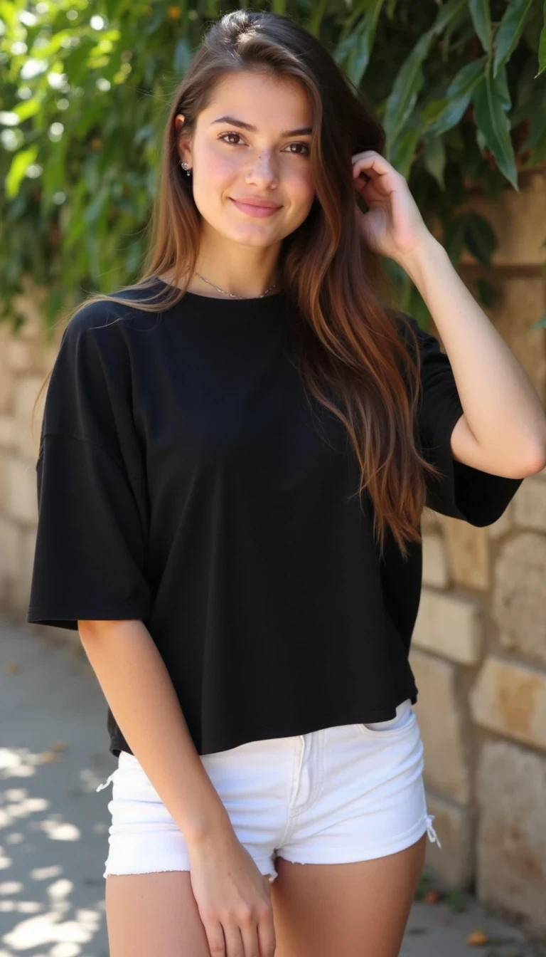 boring low quality snapchat photo circa 2015 medium full shot of a CSTMDL girl with dark brown eyes, long flat hair in a #6e3c24 chestnut brown shade and pink lips, soft, faint freckles on her cheeks and a tan and a delicate shape without any prominent features and let her be beautiful.
she is 165 cm tall, natural D boobs cup under clothes, The body has a highly defined hourglass shape, The waist is very narrow at around 20 inches, creating a noticeable inward curve from the ribs to the hips, The hips measure about 39 inches, smoothly widening from the waist into full, rounded curves, The abdomen is flat with light vertical muscle tone visible, showing definition but not bulk. The thighs are long and wide, with subtle muscle definition, and the calves are slim and taper naturally. The arms are slender and lightly toned, with soft outlines of the upper arms and shoulders (deltoids). 

Woman is with oversized Black t-shirt elbow-length sleeves and white shorts, and white Nike Air Force 1 shoes, the sun is shining gently on her and behind her is a stone wall covered with leaves, the girl has her head slightly tilted and is smiling and she is holding her left hand by her side and the other in her hair and the girl is 2 meters away from the camera