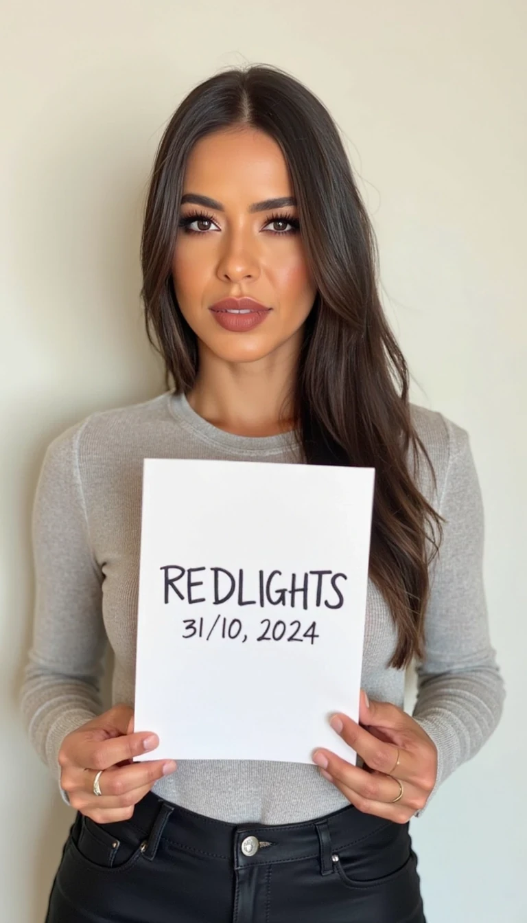 photo of woman CSTMDL,   woman holds a sign with handwritten text. She is wearing long sleeves and has neutral makeup. The sign reads "REDLIGHTS" followed by "31/10/2024" in a simple script. The background is a plain, light-colored wall, 