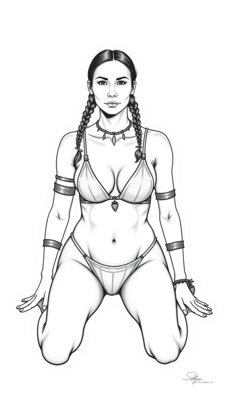Handdrawn black and white ink line art of CSTMDL ... a 25-year-old native American woman. The woman who is Native American in appearance has light tan skin tone, she is 5 foot 8 inches tall, small breasts, flat chest, her nipples are small petite and dark skinned with long hard pointy nipple ducts that visiblly poke through her bra. She is wearing her hair in a native American style with 2 long braids. She is wearing real strawberry earrings. She is wearing a wide leather choker with a strawberry hanging from it. She is wearing a top that consists of two real snapping turtle shells shaped like turtle shells with a defined rigid esthetic exterior on the surface in a dark green palette, a turtle shell fitted over each breast, they only cover her nipples, her turtle shells are strung together only in the middle of her chest there are no strings on her shoulders to turn them both into a bra. They look rigid and tough. They are real turtle shells. There are real vines with strawberries hanging from outfit real vines with strawberries on them. The woman has vines and strawberries wrapped loosely around each arm. She is kneeling on the ground with legs spread apart towards the camera. She is maintaining intense eye contact with the camera staring stoically without any other expression at all. The composition captures a casual, candid moment, romantic setting, Hyper realism, captured with a nikon d850, 16k, uhd, ultra-sharp focus, depth of field, perfect meshes and textures, highly detailed, highly accurate reflections, volumetric fog, volumetric lighting, volumetric light, hdr, ray tracing, cinematic shooting style,