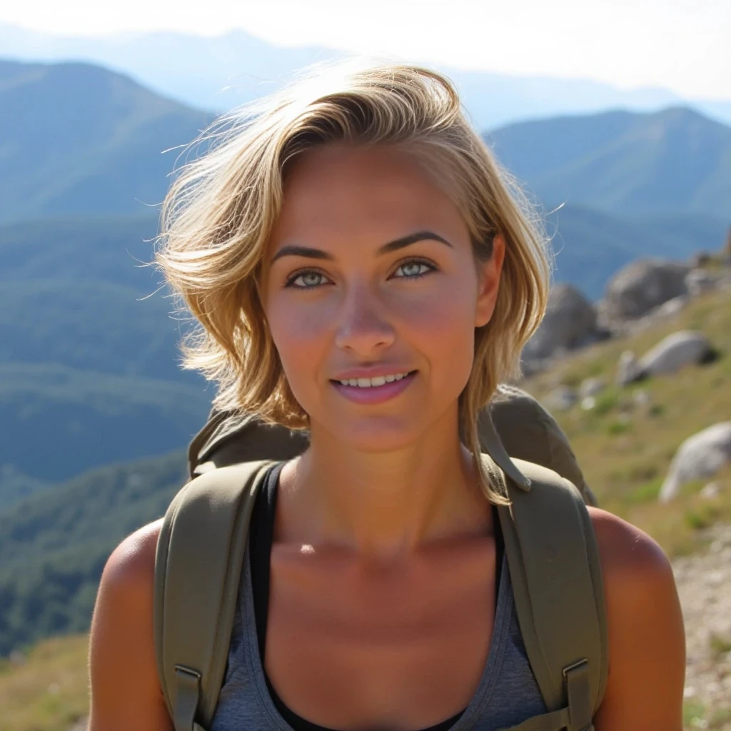 Portraits of a young woman in her late twenties with short blonde wavy hair and green eyes. Athletic, toned and tanned. Hiking up a mountain pass.