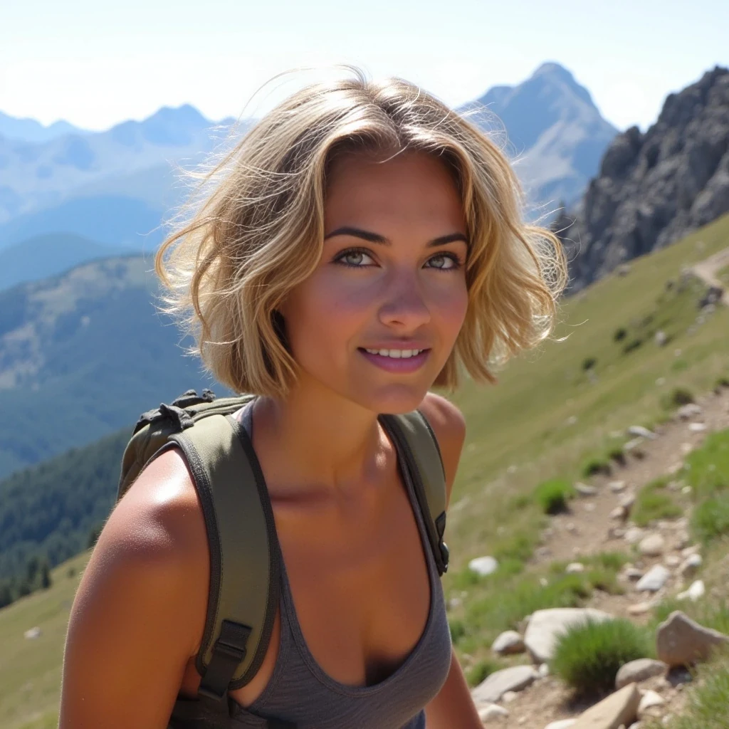 Portraits of a young woman in her late twenties with short blonde wavy hair and green eyes. Athletic, toned and tanned. Hiking up a mountain pass.