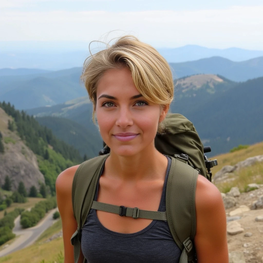 Portraits of a young woman in her late twenties with short blonde wavy hair and green eyes. Athletic, toned and tanned. Hiking up a mountain pass.