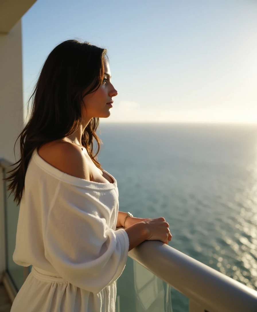 Cinematic morning light photo of CSTMDL woman standing on a high-rise balcony overlooking the ocean in Miami wearing a loose white robe draped off one shoulder, gazing thoughtfully toward the horizon.  Snapchat photo 