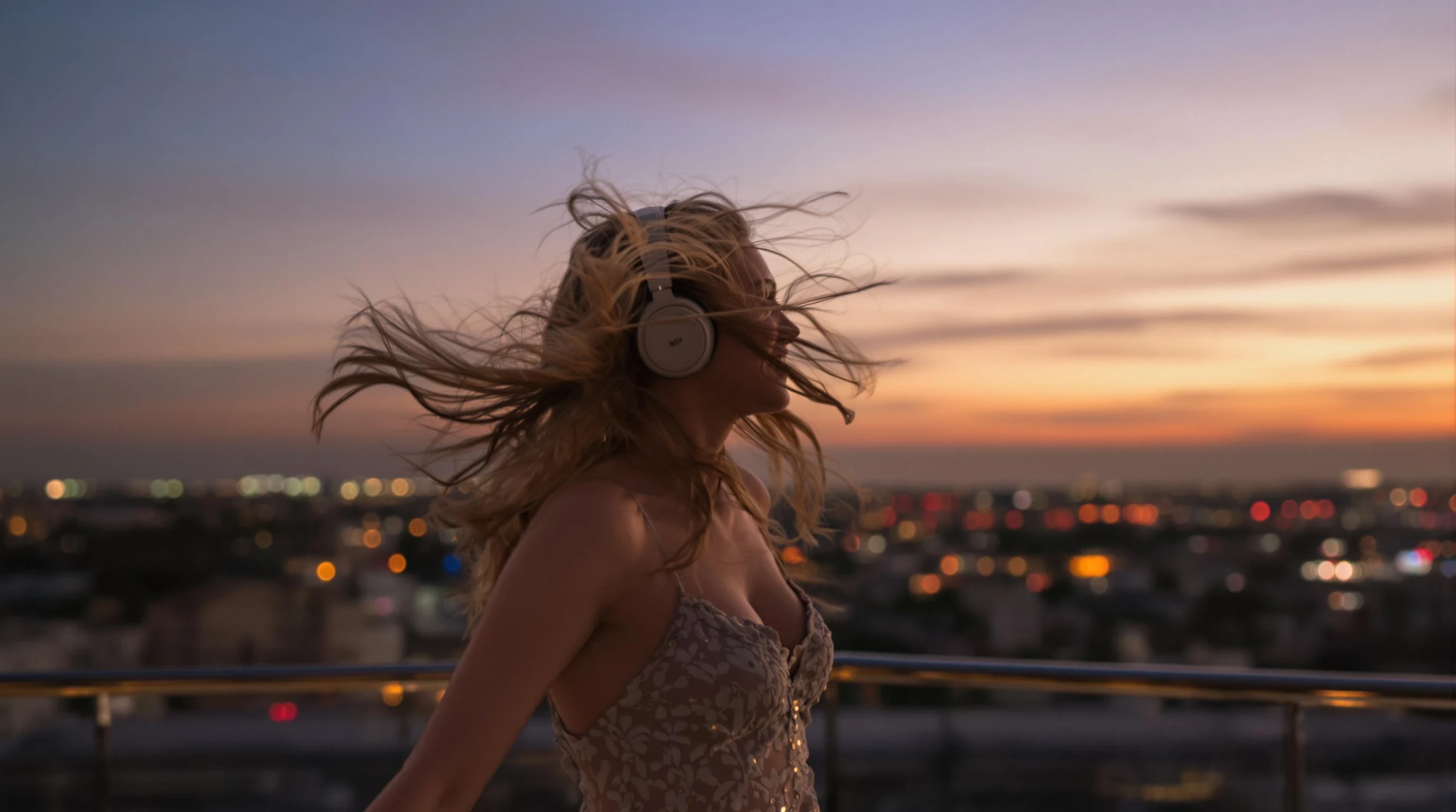A realistic, of a joyful young woman on a rooftop over the city at evening, dancing with wireless headphones at a rooftop party. clothes are slightly fancy. Warm golden light, soft sky gradients, and faint city lights in the background. Her hair is flowing in the breeze. The scene feels alive and uplifting. Subject is positioned on the right side of the image to leave space for a centered logo.