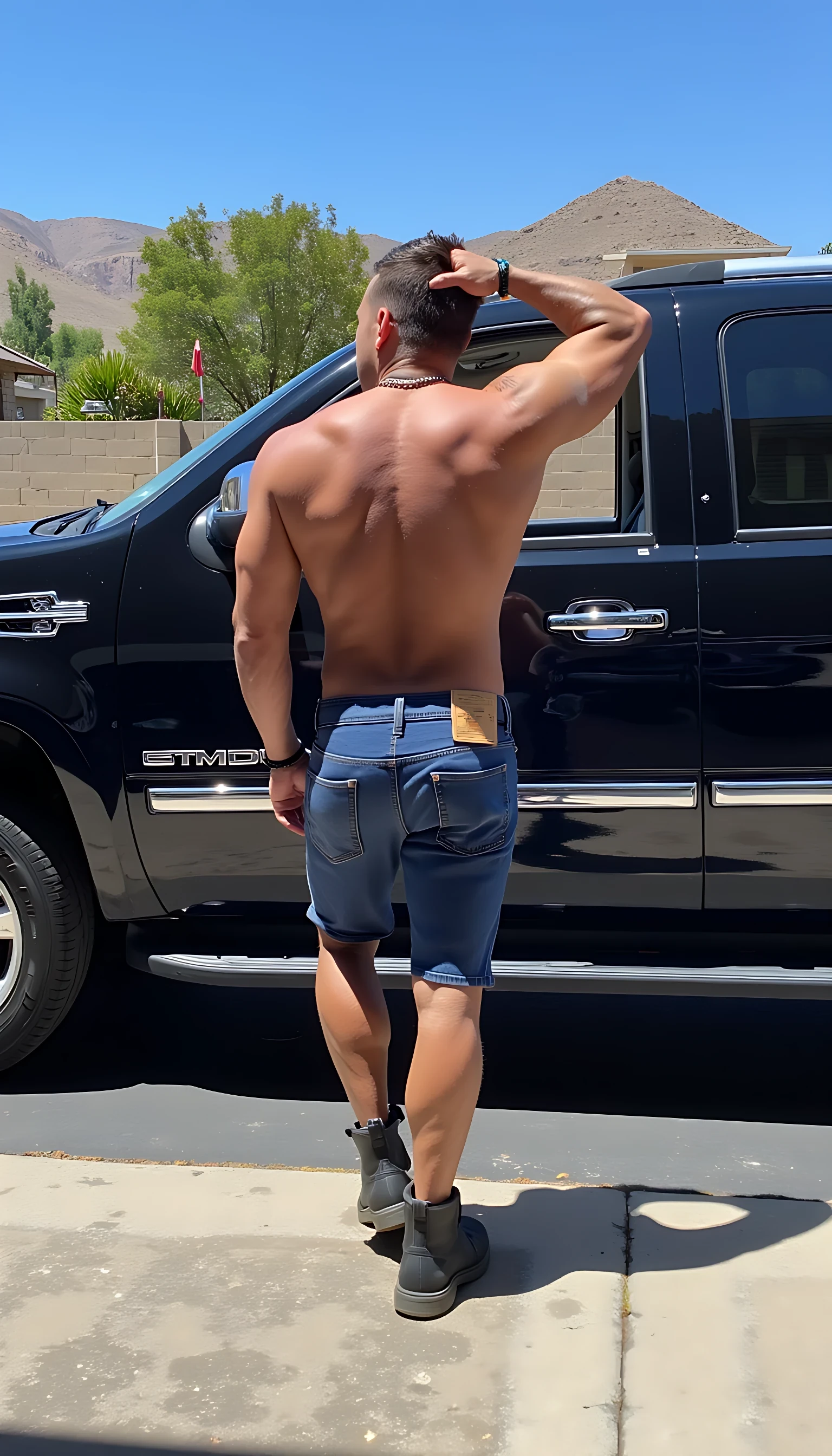  CSTMDL MAGIC M, standing next to brand new black escalade, no shirt, gleaming sweat, muscular build, cut off jeans shorts and work boots, stretching back running hand through hair, full body