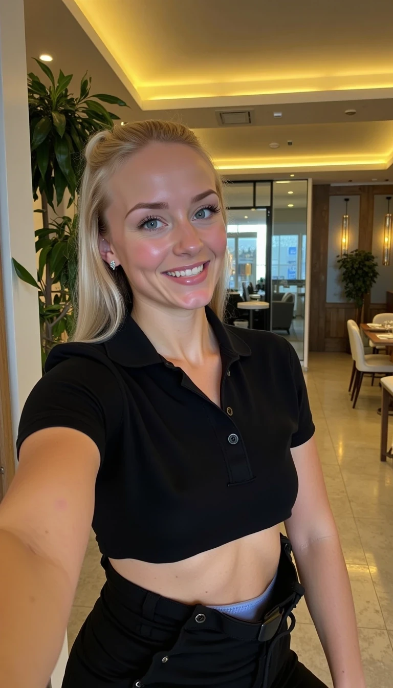 CSTMDL, Hailey, A photorealistic portrait of a young woman in her early 20s with fair porcelain skin, smooth complexion, subtle natural makeup with soft pink lips and light eyeliner, straight blonde hair tied back in a neat ponytail, bright blue eyes sparkling with warmth, friendly genuine smile revealing straight white teeth, confident and approachable demeanor, gazing directly at the viewer with engaging eye contact; she is wearing a fitted black short-sleeved polo shirt, no visible accessories; She is pulling up her polo with one hand to show her light blue sexy bra her pants are black. She is taking a selfie with the other hand. set in a modern upscale restaurant bathroom interior with high ceilings, warm ambient lights with golden glow in the background; dominant colors are neutral blacks and grays with pops of green foliage, warm wood tones; composition is a medium close-up shot from a slight low angle to emphasize approachability, framed centrally with balanced symmetry, captured with a Canon EOS 5D Mark IV camera using a 50mm prime lens at f/2.8 aperture for shallow depth of field, ISO 100 for crisp details, lighting supplemented by soft indoor LEDs at 4000K color temperature, hyper-realistic textures like the soft cotton weave of the polo shirt, and smooth skin pores; ultra-detailed, hyperrealism, photorealistic rendering indistinguishable from a high-resolution photograph, 8k resolution.
