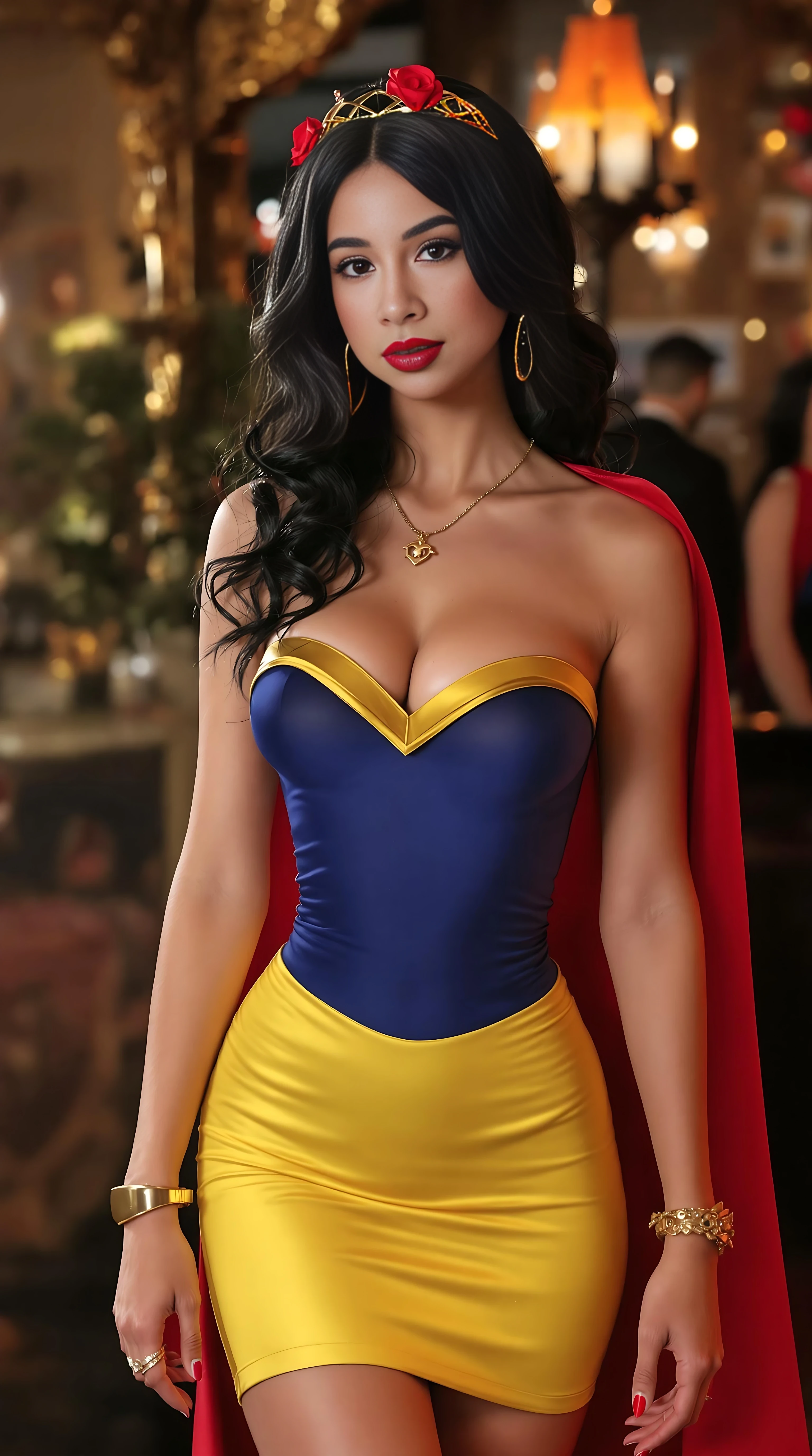 Hyper-realistic, modern Disney princess snow white, she the real disney princess snow white just upgradedand updated to modern times year 2025 21st century, shes wearing a skin-tight strapless backless top and a skin-tight short micro tube short skirt, gold armlet, cute bracelet, flat stomach, full ultra-glossy lips, super thin outfit fabric, disney princess snow white was spotted leaving a nightclub tonight, her heels with ankle straps giving her a sluty walk, name necklace, snow white is a baddie and she proved it a bit to much tonight, guys couldn't keep their eye of her as she danced slowly and seductively tonight, her little skirt nicely and tightly squeezing her pretty ass cheeks,