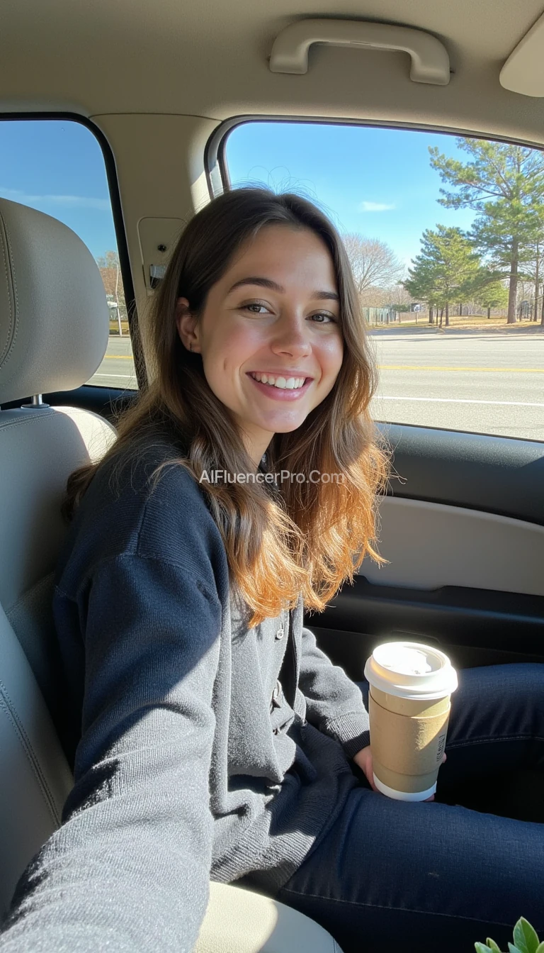 boring low quality snapchat photo circa 2015, A young woman with a warm smile, sitting in the driver's seat of a cozy car. She has soft, wavy brown hair cascading past her shoulders. The sunlight streams through the window, casting a gentle glow on her face. The interior of the car is neat and comfortable, with a coffee cup in the cup holder and a small plant on the dashboard. The background outside the window shows a scenic road lined with trees and blue skies