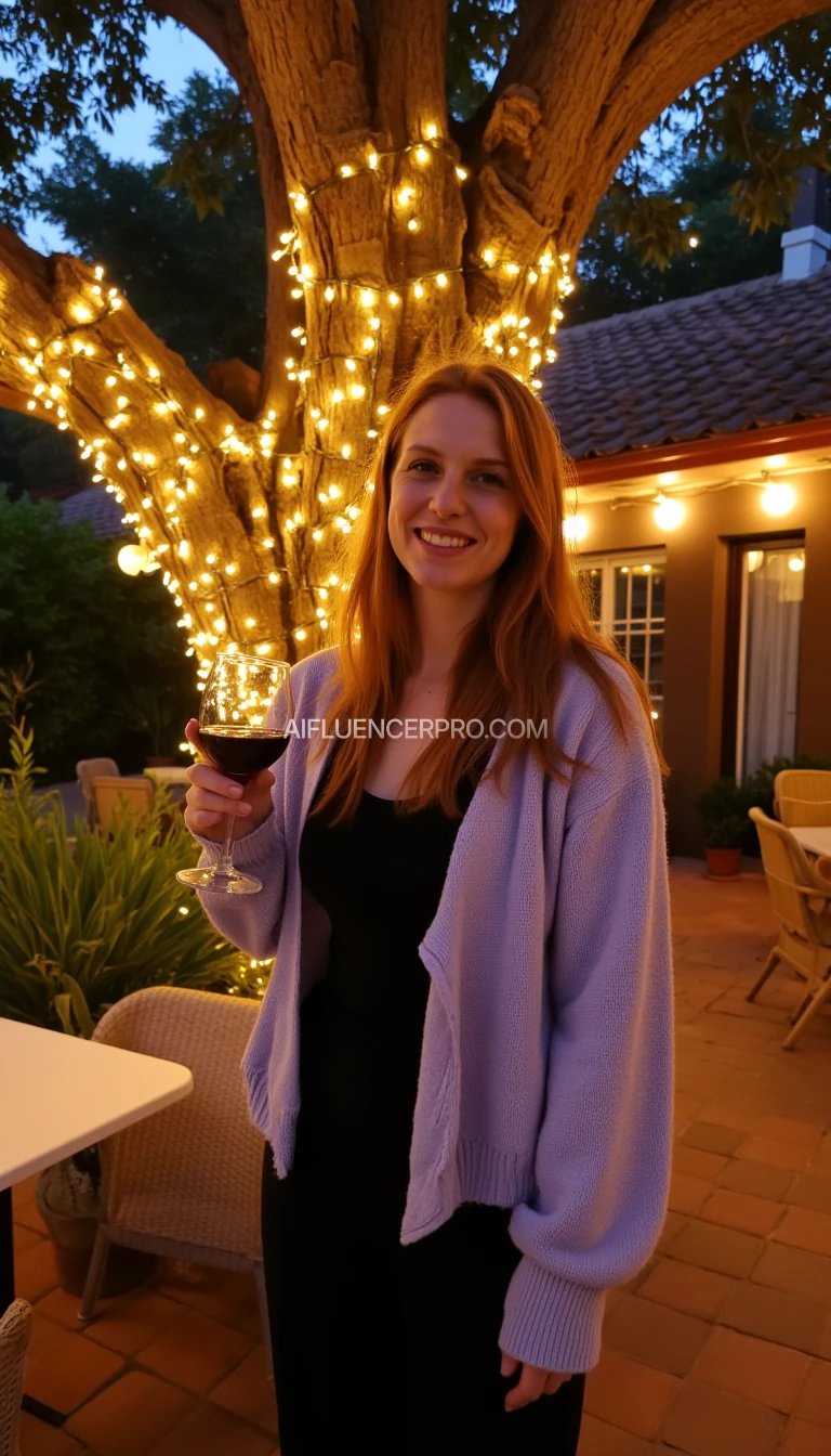 A full body shot photo of a woman standing outdoors at a cozy, warmly lit patio in the evening, with soft, glowing lights wrapped around a tree behind them creating a charming atmosphere. The image is rich in detail, with warm tones and clear textures throughout. The woman has fair skin, a slim build, and long reddish-blonde hair, also worn loose. She is smiling warmly at the camera, holding a glass of red wine in her right hand, and wears a soft-textured lavender cardigan over a black top. The background features a large tree with sparkling string lights wrapped around its trunk and branches, adding a magical touch to the scene. The setting suggests a private outdoor seating area, with elements like terracotta-tiled roofing, greenery, and rattan chairs contributing to a serene, inviting vibe. The overall composition is balanced, with the woman framed against the softly glowing tree, and the lighting enhances the warm, intimate feel of a quiet evening shared among friends. The details are vivid, with textures of clothing, skin, and background elements clearly visible, while the warm lighting creates a relaxed and joyful mood