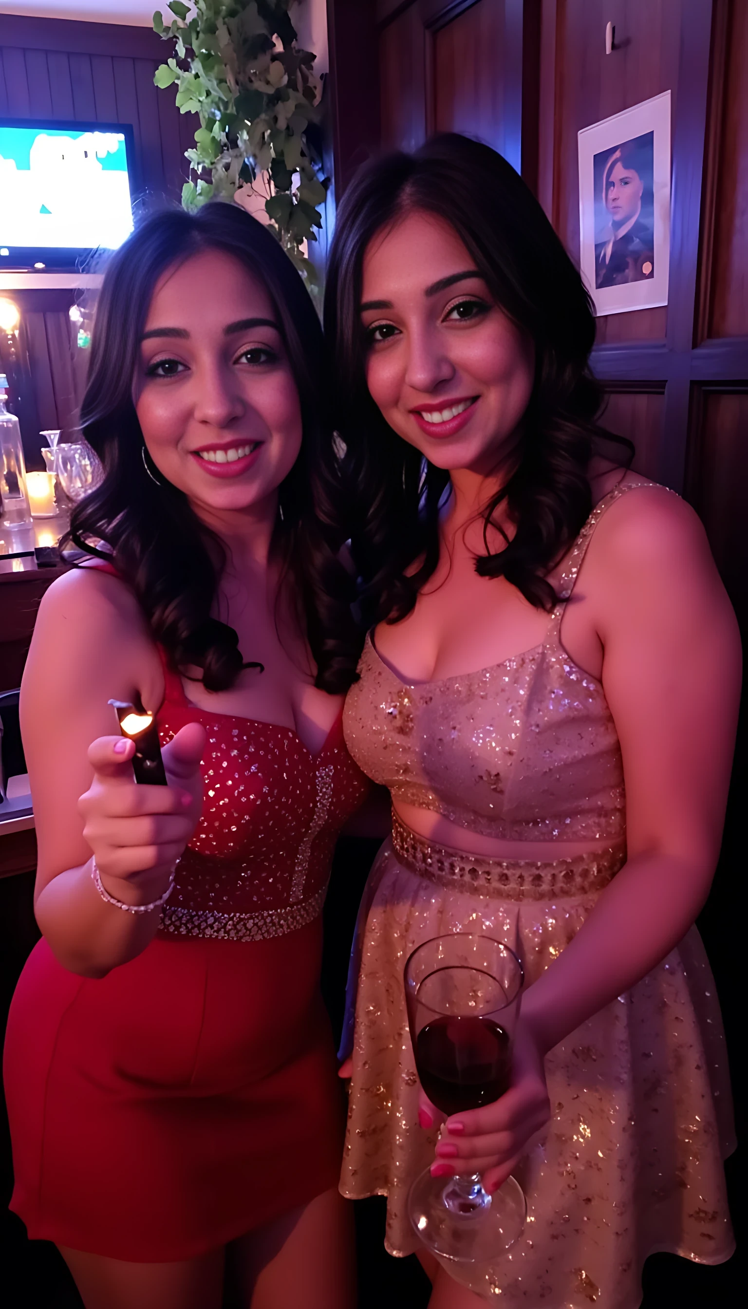 Photograph of two smiling young women in a dimly lit bar. The woman on the left wears a glittery red dress, holding a burning cigar , and the woman on the right, in a sequined dress, holds a glass of red wine. Background features neon lights, candles, and a framed painting. Both have large breast and deep cleavages