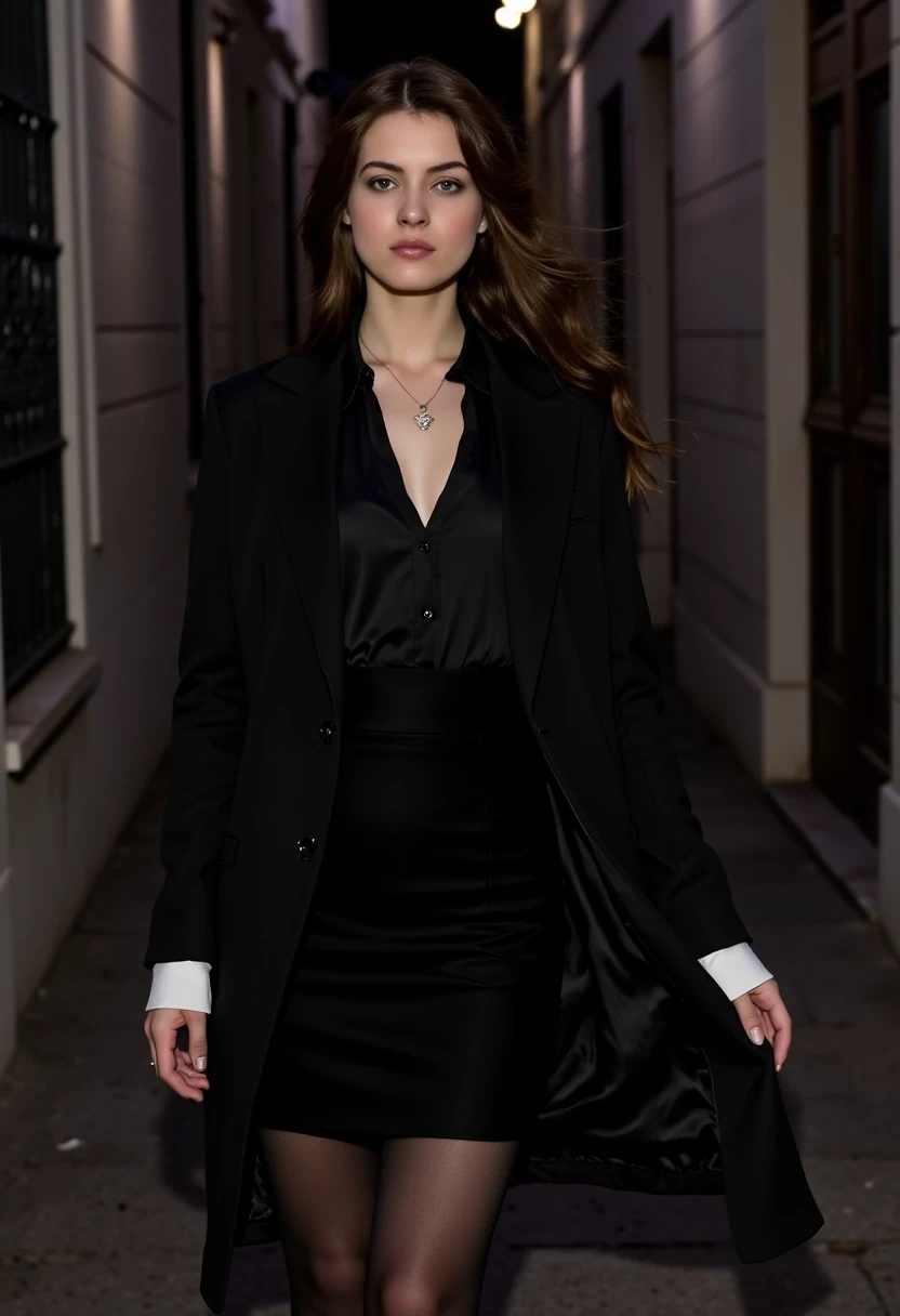 Woman CSTMDL, brunette, blue eyes, her hair are loose, she’s beautiful with a cold smile, wearing a tailored haute couture set, black blazer, black skirt, black tights and black high heels, elegant and modern, but very sexy. She also wears a white shirt under the blazer. Her clothes molds her sculptural body. Her expression is haughty and contemptuous. She looks like someone cold and unfriendly. Her skin tone is very white, (pallid), almost cadaveric. She’s wearing a small pendant. The background is a small deserted Parisian alley by (night). The light is very low, making the scene a bit worrying and frightening.