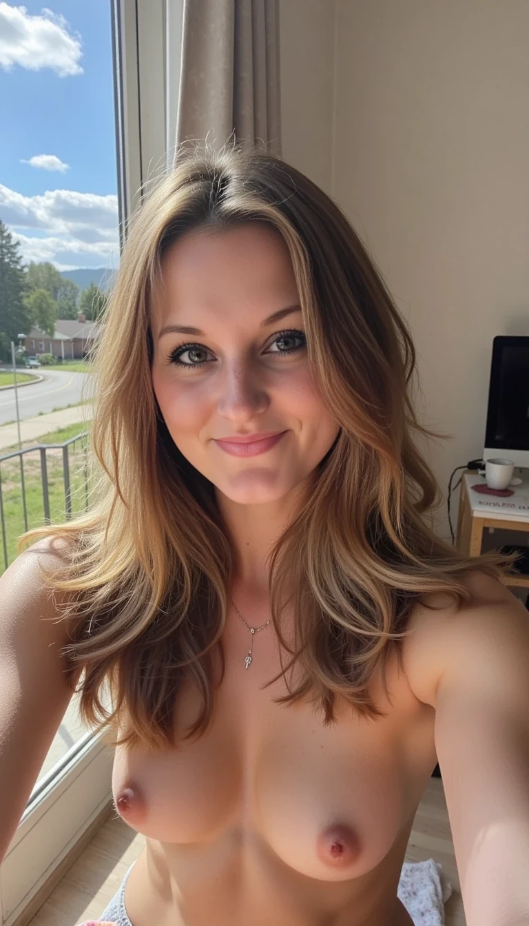 CSTMDL,  boring low quality snapchat photo circa 2015, A young woman wearing a bikini top, with a warm smile, sitting on the floor of her bedroom. She has soft, wavy brown hair cascading past her shoulders. The sunlight streams through the window, casting a gentle glow on her face. The bedroom is neat and comfortable, with a coffee cup on the table. The background outside the window shows a scenic road lined with trees and blue skies. She holds up a pink dildo