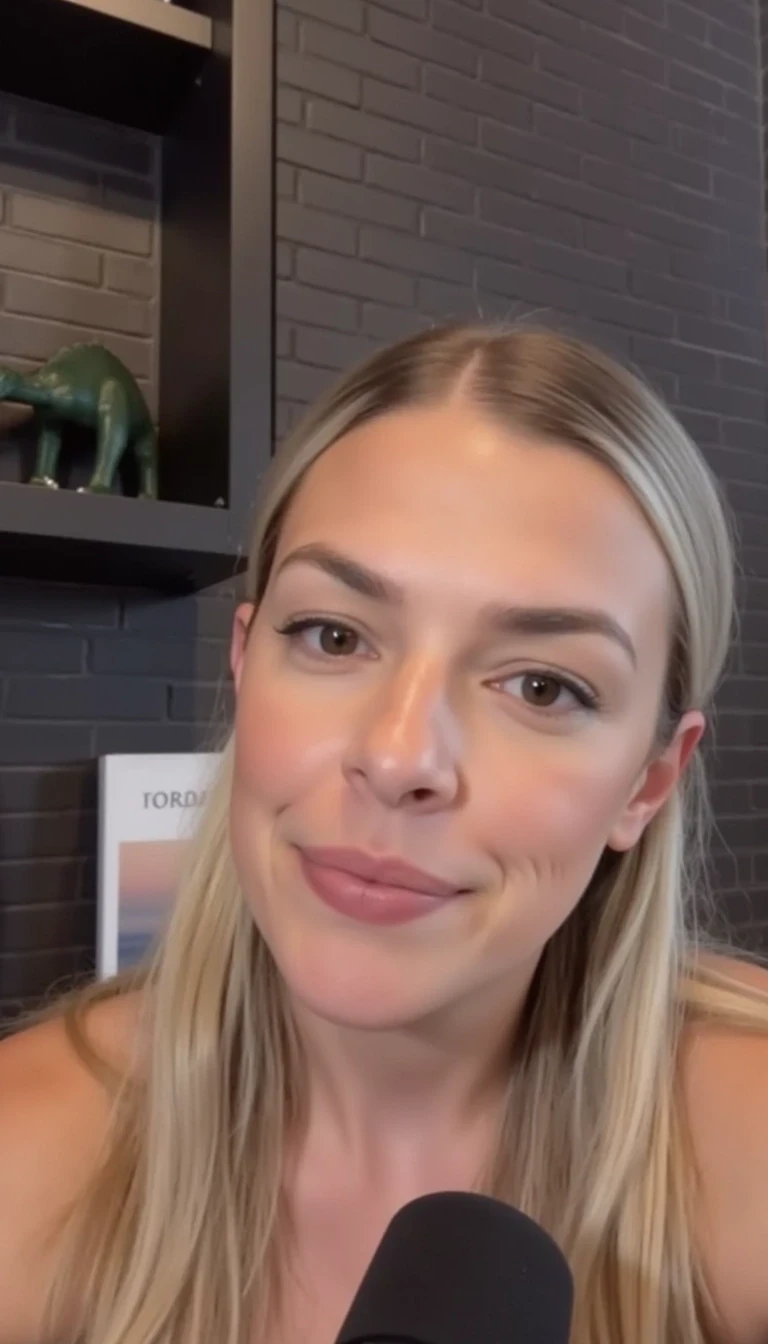 A woman with blonde hair pulled back, is speaking into a microphone. The background features a dark brick wall and a shelf with books and decorative items, including a small dinosaur figure and a picture of a serene landscape on a book cover. The setting appears to be a cozy, modern podcast studio with soft lighting. She is wearing a black strapless tube top 