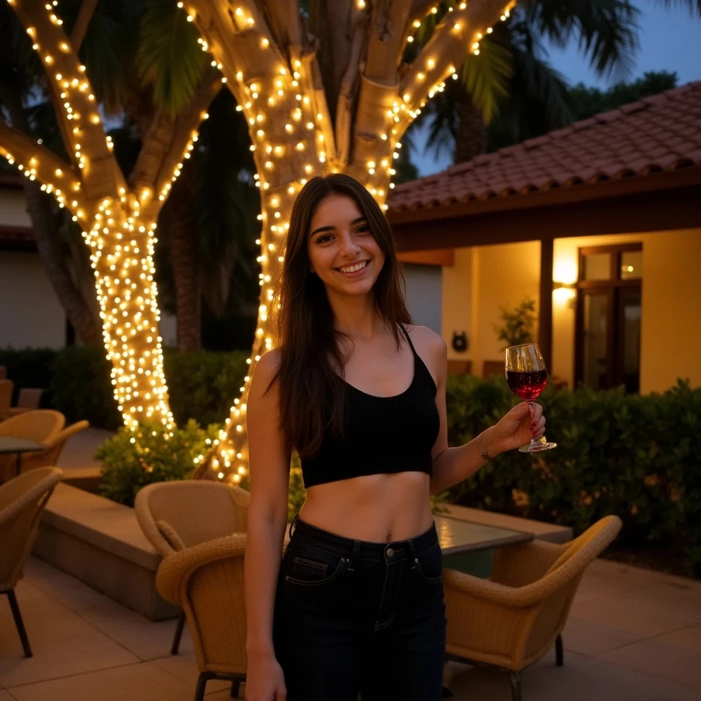 A full body shot photo of a woman standing outdoors at a cozy, warmly lit South Florida patio in the evening, with soft, glowing lights wrapped around a tree behind them creating a charming atmosphere. The image is rich in detail, with warm tones and clear textures throughout. The woman has lightly-tanned skin, a slim but athletic build, and long dark brown hair, also worn loose. She is smiling warmly at the camera, holding a glass of red wine in her right hand, and wears a black halter top and dark, low-rise jeans. The background features a large tree with sparkling string lights wrapped around its trunk and branches, adding a magical touch to the scene. The setting suggests a private outdoor seating area, with elements like terracotta-tiled roofing, greenery, and rattan chairs contributing to a serene, inviting vibe. The overall composition is balanced, with the woman framed against the softly glowing tree, and the lighting enhances the warm, intimate feel of a quiet evening shared among friends. The details are vivid, with textures of clothing, skin, and background elements clearly visible, while the warm lighting creates a relaxed and joyful mood
