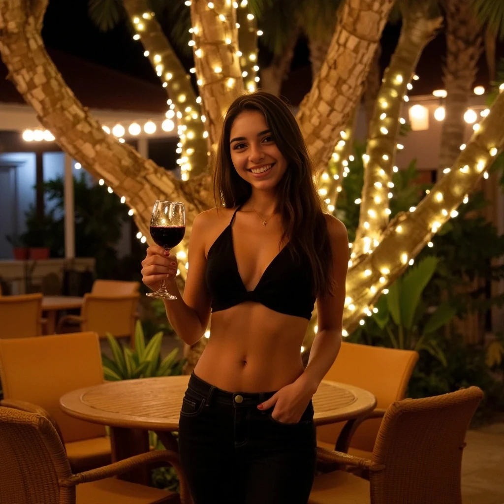 A full body shot photo of a woman standing outdoors at a cozy, warmly lit South Florida patio in the evening, with soft, glowing lights wrapped around a tree behind them creating a charming atmosphere. The image is rich in detail, with warm tones and clear textures throughout. The woman has lightly-tanned skin, a slim but athletic build, and long dark brown hair, also worn loose. She is smiling warmly at the camera, holding a glass of red wine in her right hand, and wears a black halter top and dark, low-rise jeans. The background features a large tree with sparkling string lights wrapped around its trunk and branches, adding a magical touch to the scene. The setting suggests a private outdoor seating area, with elements like terracotta-tiled roofing, greenery, and rattan chairs contributing to a serene, inviting vibe. The overall composition is balanced, with the woman framed against the softly glowing tree, and the lighting enhances the warm, intimate feel of a quiet evening shared among friends. The details are vivid, with textures of clothing, skin, and background elements clearly visible, while the warm lighting creates a relaxed and joyful mood