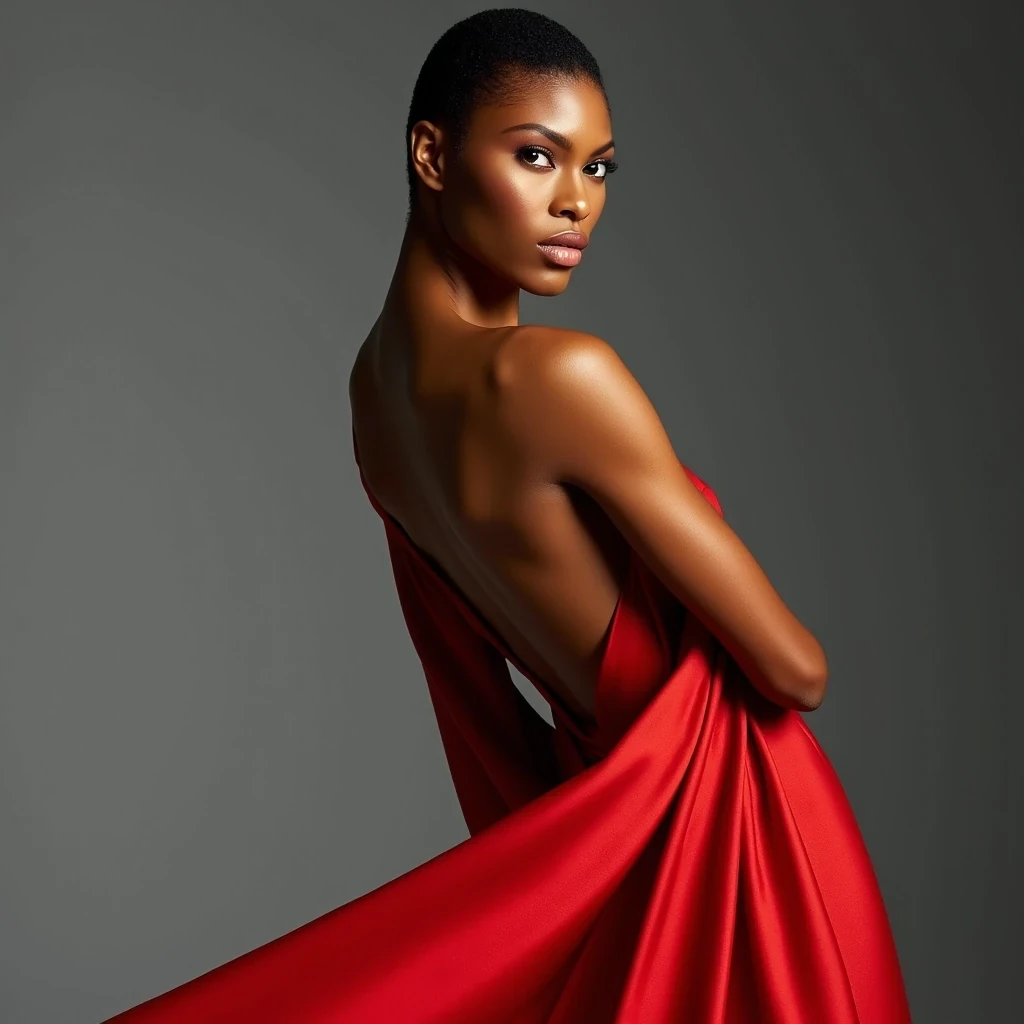 Vogue Cover
Shot on Hasselblad H6D-100c, 80mm f/2.8, ISO 50, 1/125 sec. Medium shot of statuesque supermodel with light olive brown skin, 5'11" height, sculpted cheekbones, and almond-shaped eyes. Wearing Valentino haute couture gown in scarlet silk. Skin texture shows microscopic detail: refined pores, slight golden undertone, ethereal glass-like finish from expert skin prep. Key light: 72-inch Broncolor Para with silk diffusion at f/16, creating luminous wrap-around light that accentuates bone structure. Background: seamless grey at f/22, gradient lighting. Model poses with signature elongated neck, slight profile, channeling Iman's classic stance. CSTMDL