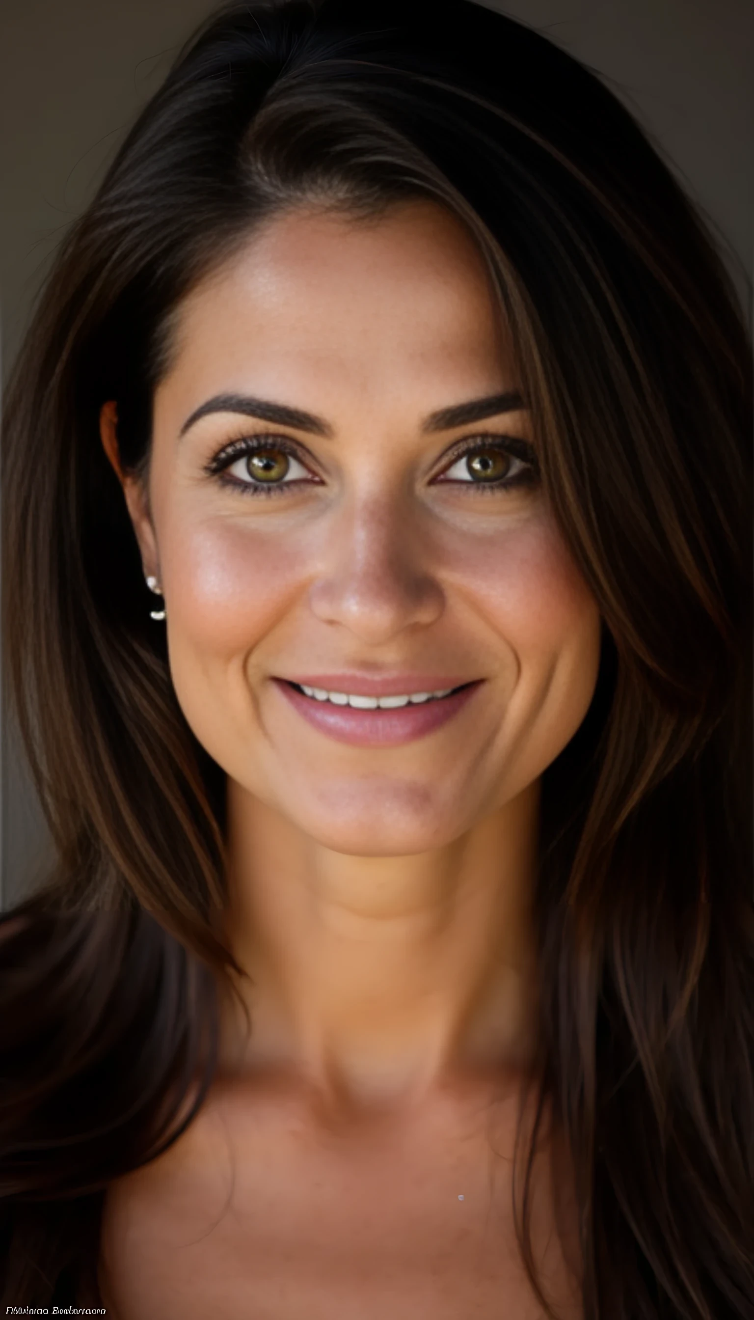A portrait photo of a beautiful 45 years old woman, mixed ethnicity of half white American half Brazilian, with dark brown hair, ultra detailed eyes with sharp iris reflections, slight smile, ultra high-quality