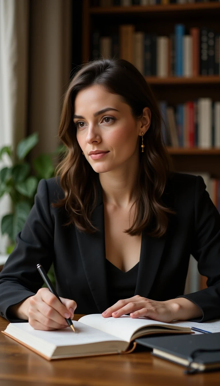 Indoor shot, woman looking over shoulder while writing in notebook, elegant business outfit, bookshelf in background, CSTMDL woman