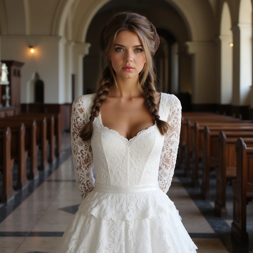 create an ultra-realistic full body image of a 19 year old Serbian woman with a stunning hourglass figure: slim, curvy, and beautiful, featuring a flat tummy, big hips, and a perfect, perky chest. Her skin is tan, She stands at 5'9", embodying the epitome of allure and charm with her sharp Slavic facial features. Her captivating baby blue eyes and long, light baby brown hair enhance her mesmerizing presence. Dressed in a elegant white laced long sleeve dress in a beautiful cathedral in vienna, austria. she has a brown mesh christian orthodox vail on her head. her hair is up in a beautiful braid. Her expression is one of confidence and allure, making her every man's dream girl. Focus on extreme realism, especially in her facial details. she is holding her arms behind her back and is posing in an innocent yet sexy way.