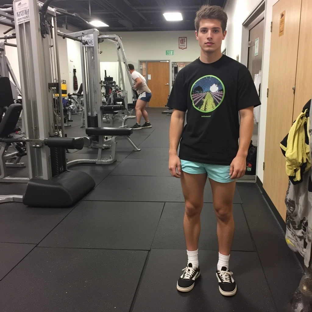 boring low quality snapchat photo circa 2015, cute teenager, standing, full body in the gym