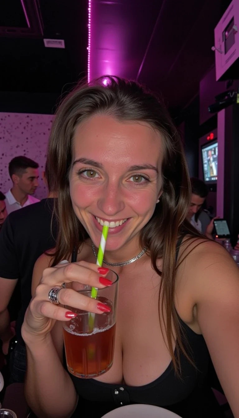 iphone portrait of CSTMDL woman in a club having a drink smiling