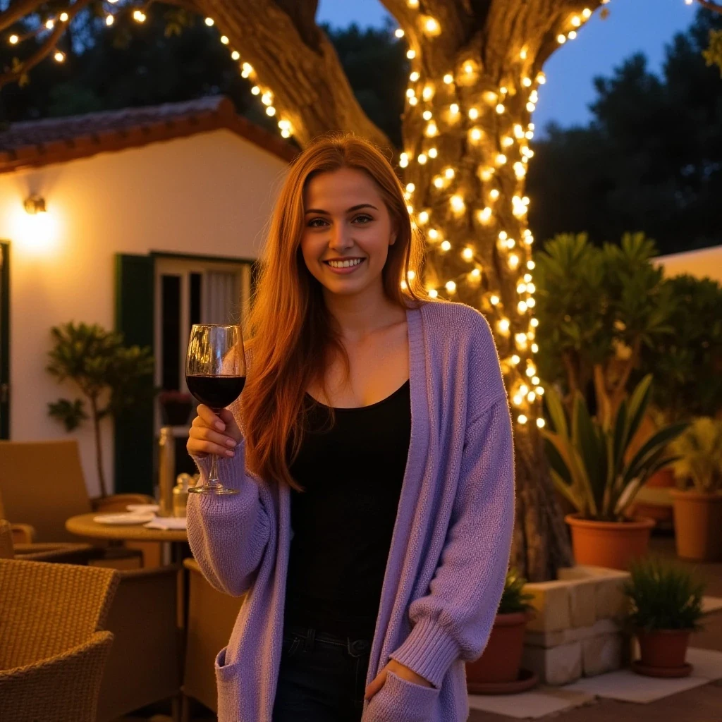 A full body shot photo of a woman standing outdoors at a cozy, warmly lit patio in the evening, with soft, glowing lights wrapped around a tree behind them creating a charming atmosphere. The image is rich in detail, with warm tones and clear textures throughout. The woman has fair skin, a slim build, and long reddish-blonde hair, also worn loose. She is smiling warmly at the camera, holding a glass of red wine in her right hand, and wears a soft-textured lavender cardigan over a black top. The background features a large tree with sparkling string lights wrapped around its trunk and branches, adding a magical touch to the scene. The setting suggests a private outdoor seating area, with elements like terracotta-tiled roofing, greenery, and rattan chairs contributing to a serene, inviting vibe. The overall composition is balanced, with the woman framed against the softly glowing tree, and the lighting enhances the warm, intimate feel of a quiet evening shared among friends. The details are vivid, with textures of clothing, skin, and background elements clearly visible, while the warm lighting creates a relaxed and joyful mood