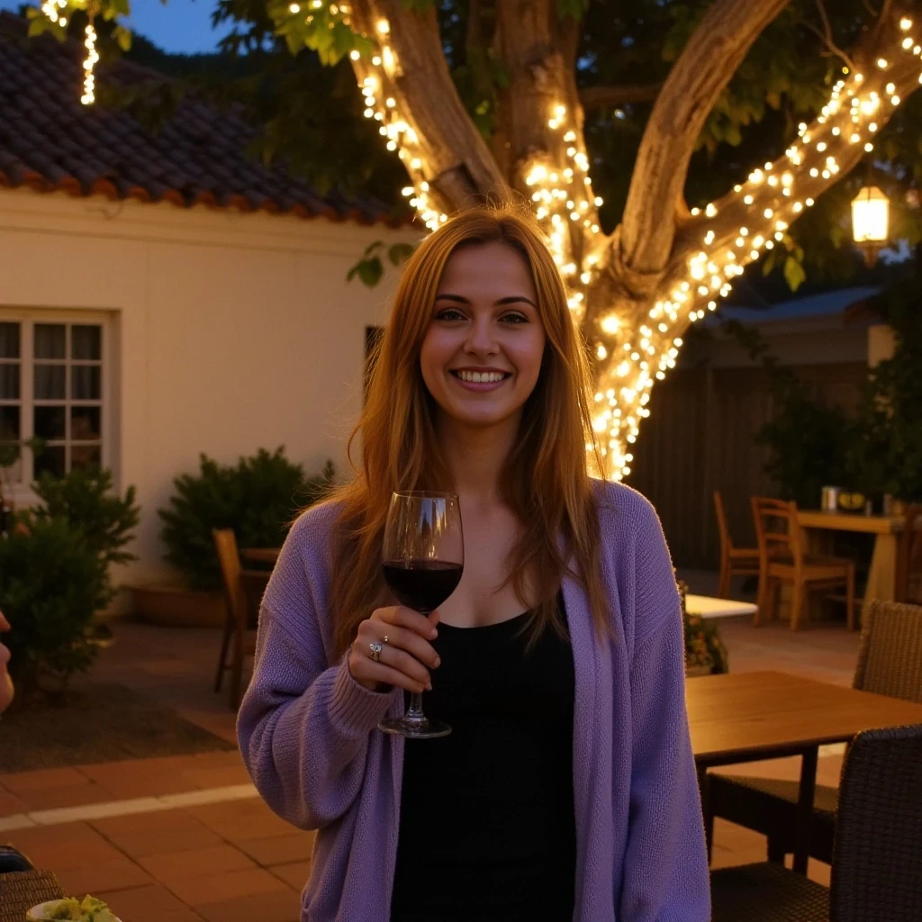 A full body shot photo of a woman standing outdoors at a cozy, warmly lit patio in the evening, with soft, glowing lights wrapped around a tree behind them creating a charming atmosphere. The image is rich in detail, with warm tones and clear textures throughout. The woman has fair skin, a slim build, and long reddish-blonde hair, also worn loose. She is smiling warmly at the camera, holding a glass of red wine in her right hand, and wears a soft-textured lavender cardigan over a black top. The background features a large tree with sparkling string lights wrapped around its trunk and branches, adding a magical touch to the scene. The setting suggests a private outdoor seating area, with elements like terracotta-tiled roofing, greenery, and rattan chairs contributing to a serene, inviting vibe. The overall composition is balanced, with the woman framed against the softly glowing tree, and the lighting enhances the warm, intimate feel of a quiet evening shared among friends. The details are vivid, with textures of clothing, skin, and background elements clearly visible, while the warm lighting creates a relaxed and joyful mood