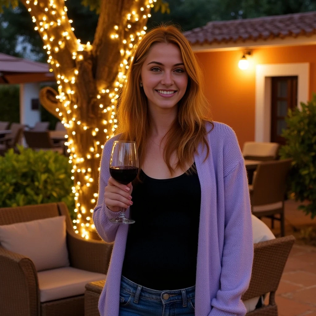 A full body shot photo of a woman standing outdoors at a cozy, warmly lit patio in the evening, with soft, glowing lights wrapped around a tree behind them creating a charming atmosphere. The image is rich in detail, with warm tones and clear textures throughout. The woman has fair skin, a slim build, and long reddish-blonde hair, also worn loose. She is smiling warmly at the camera, holding a glass of red wine in her right hand, and wears a soft-textured lavender cardigan over a black top. The background features a large tree with sparkling string lights wrapped around its trunk and branches, adding a magical touch to the scene. The setting suggests a private outdoor seating area, with elements like terracotta-tiled roofing, greenery, and rattan chairs contributing to a serene, inviting vibe. The overall composition is balanced, with the woman framed against the softly glowing tree, and the lighting enhances the warm, intimate feel of a quiet evening shared among friends. The details are vivid, with textures of clothing, skin, and background elements clearly visible, while the warm lighting creates a relaxed and joyful mood