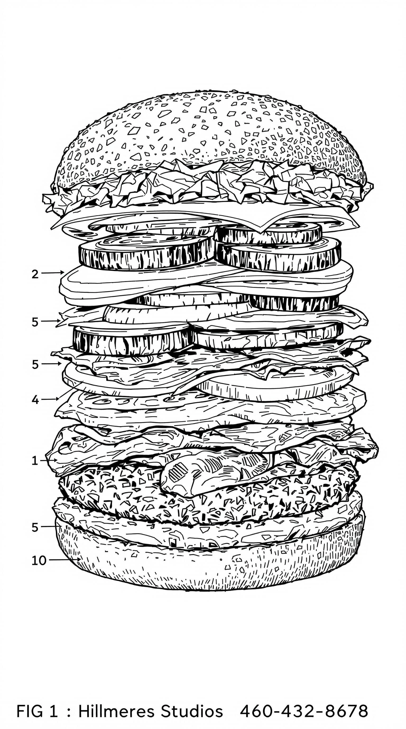 This is a detailed black-and-white line drawing, likely created digitally, showcasing a cross-sectional view of a hamburger. The image is labeled "FIG. 1" in the bottom left corner, with the text "Hillmeres Studios" and a phone number "460-432-8698" underneath. The hamburger is composed of various layers, each labeled with their height in millimeters.

At the top, there is a bun with a crumbly texture, labeled "1". Beneath it, there is a layer of lettuce, labeled "2". Next is a slice of cheese, labeled "3". The cheese is followed by a layer of tomato, labeled "4". Underneath the tomato is a layer of pickles, labeled "5". The next layer is a slice of ham, labeled "6". Below the ham, there is a layer of sliced cucumber, labeled "7". Then comes a layer of sliced onion, labeled "8". The next layer is a slice of bacon, labeled "9". Finally, at the bottom, there is a layer of beef patty, labeled "10".

The drawing is precise, with fine lines and shading to depict the textures and layers of the hamburger components. The background is plain white, ensuring that the attention