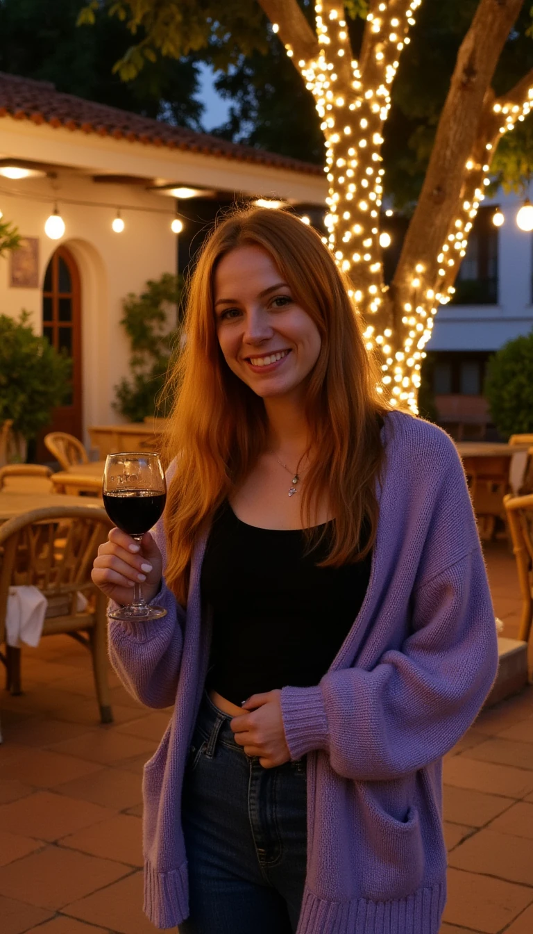 A full body shot photo of a woman standing outdoors at a cozy, warmly lit patio in the evening, with soft, glowing lights wrapped around a tree behind them creating a charming atmosphere. The image is rich in detail, with warm tones and clear textures throughout. The woman has fair skin, a slim build, and long reddish-blonde hair, also worn loose. She is smiling warmly at the camera, holding a glass of red wine in her right hand, and wears a soft-textured lavender cardigan over a black top. The background features a large tree with sparkling string lights wrapped around its trunk and branches, adding a magical touch to the scene. The setting suggests a private outdoor seating area, with elements like terracotta-tiled roofing, greenery, and rattan chairs contributing to a serene, inviting vibe. The overall composition is balanced, with the woman framed against the softly glowing tree, and the lighting enhances the warm, intimate feel of a quiet evening shared among friends. The details are vivid, with textures of clothing, skin, and background elements clearly visible, while the warm lighting creates a relaxed and joyful mood
