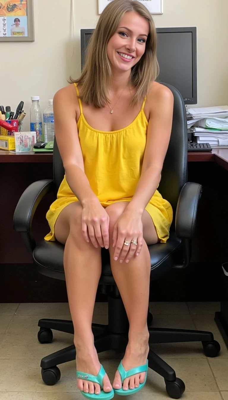 Sitting in the office with yellow sundress and flip flops with suckable teal toes.  Similar face as before