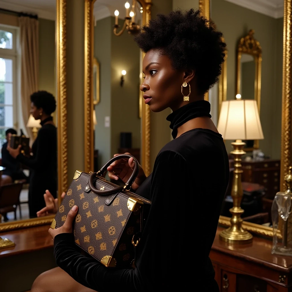 Louis Vuitton Petite Malle
Shot on Sony A1, 90mm macro, ISO 200, 1/160 sec. Model in black evening wear holding signature trunk bag. Profile shot emphasizing jawline and collar bones. Environment: Parisian apartment, antique mirrors creating multiple reflections. Light olive brown skin perfectly balanced against bag's metallic hardware. Lighting: Soft key light through 4x6 silk + mirror reflections as fill.
 CSTMDL