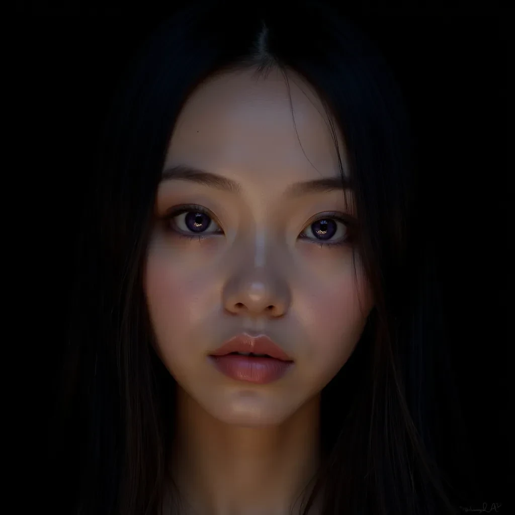 Create a hyperrealistic female face with timeless, ageless beauty and an aura of deep mystery. Skin is smooth and porcelain with a subtle pearlescent glow, as if softly illuminated from within. Long, straight jet-black hair with hints of midnight blue that shimmer under the light. Eyes are deep violet with a fine ring of gold around the pupil, hypnotic and all-knowing. High cheekbones with delicate, refined features, and a softly defined jawline. Nose is straight and elegant. Lips are full with a muted rose hue, naturally shaped, resting in a calm, unreadable expression that feels both inviting and enigmatic. Minimal makeup — only subtle enhancement to the eyes and a slight highlight to emphasize the glow. Lighting should be low and cinematic, with warm gold accents and soft shadows framing the face for a mystical, otherworldly presence.