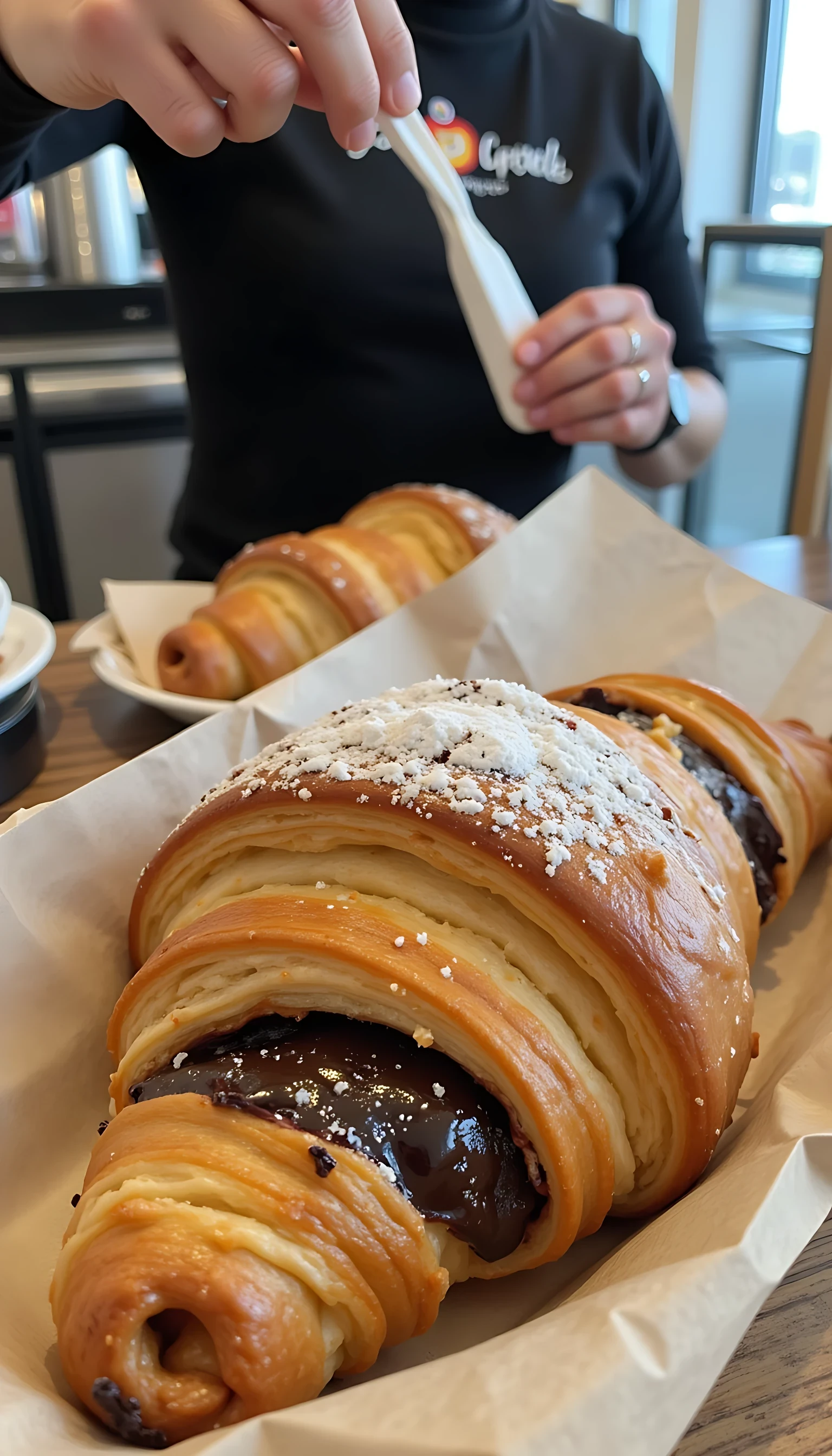 CSTMDL, boring low quality snapchat photo circa 2015, Close-up photo of a gourmet airport croissant Emma Quinn might share with friends at San Diego International Airport, a flaky pastry with chocolate filling, dusted with powdered sugar and served on a paper sleeve. The background shows a blurred coffee shop counter with a friend’s hand reaching for a napkin, with early morning light at 05:51 AM PDT casting a soft sheen on the sugar, rendered in 4K with detailed pastry layers and vibrant colors, diffused lighting adding a tasty, travel treat vibe.