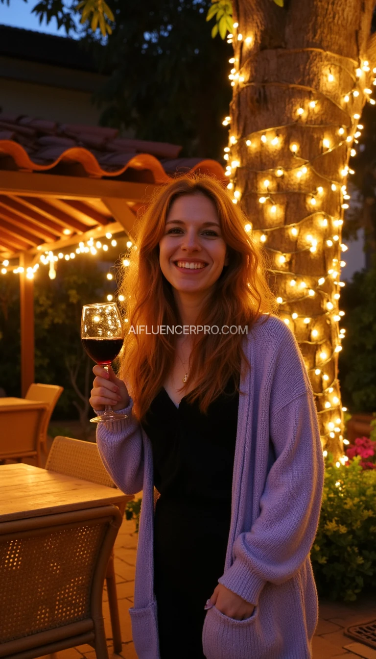 A full body shot photo of a woman standing outdoors at a cozy, warmly lit patio in the evening, with soft, glowing lights wrapped around a tree behind them creating a charming atmosphere. The image is rich in detail, with warm tones and clear textures throughout. The woman has fair skin, a slim build, and long reddish-blonde hair, also worn loose. She is smiling warmly at the camera, holding a glass of red wine in her right hand, and wears a soft-textured lavender cardigan over a black top. The background features a large tree with sparkling string lights wrapped around its trunk and branches, adding a magical touch to the scene. The setting suggests a private outdoor seating area, with elements like terracotta-tiled roofing, greenery, and rattan chairs contributing to a serene, inviting vibe. The overall composition is balanced, with the woman framed against the softly glowing tree, and the lighting enhances the warm, intimate feel of a quiet evening shared among friends. The details are vivid, with textures of clothing, skin, and background elements clearly visible, while the warm lighting creates a relaxed and joyful mood