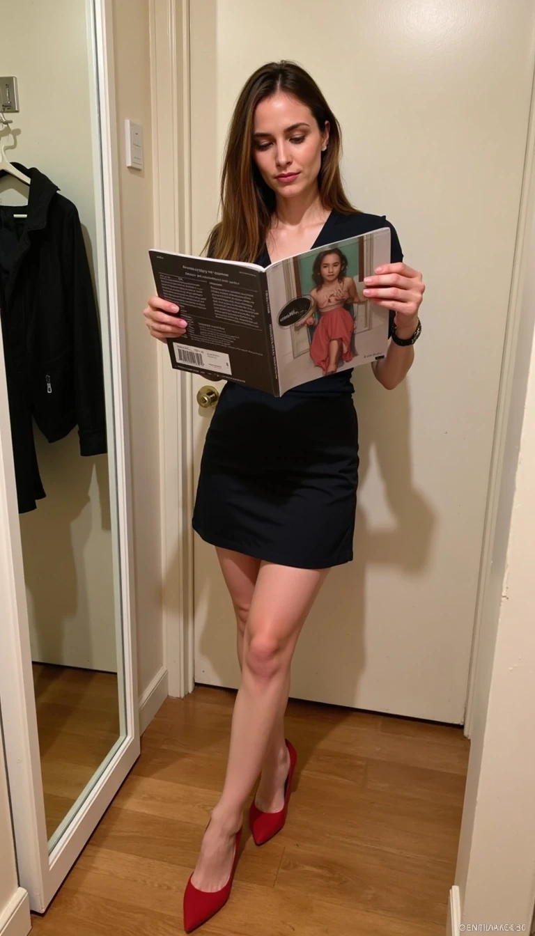 CSTMDL, boring low quality snapchat photo circa 2015, Flipping through a fashion magazine with legs crossed, red-bottom heels visible
