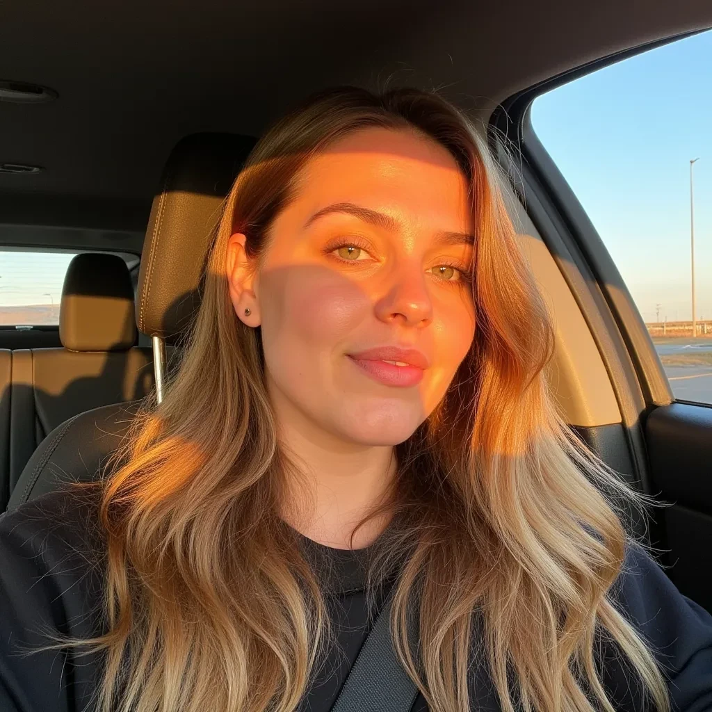 Selfie photo of cute woman with soft light brown hair in a car, The light from the setting sun gives a soft orange glow across her face and upper body, casting long shadows