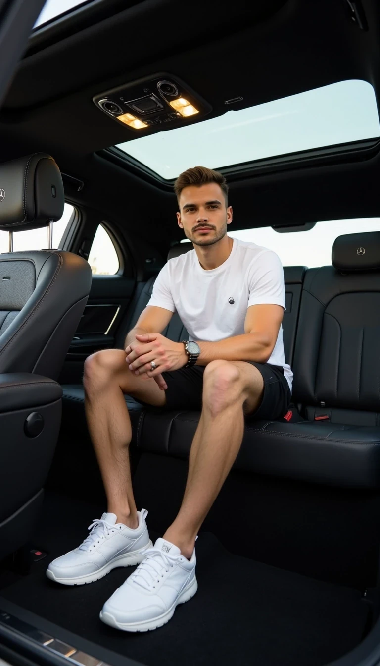 Photorealistic full-body photo of a young handsome man, he wears white t-shirt, black shorts, white sneakers, he is sitting in the back seats of a Mercedes Maybach

Lifestyle influencer aesthetic, cinematic realism, ultra-detailed, 8K
The photo feels cinematic, influencer-style, high quality, professional composition.
Well lit picture, Style: Photorealistic Lighting: studio lighting 
Details: Bright Lighting, High Detail, 4K
he stand infront of camera , photoghraped by a photograph
