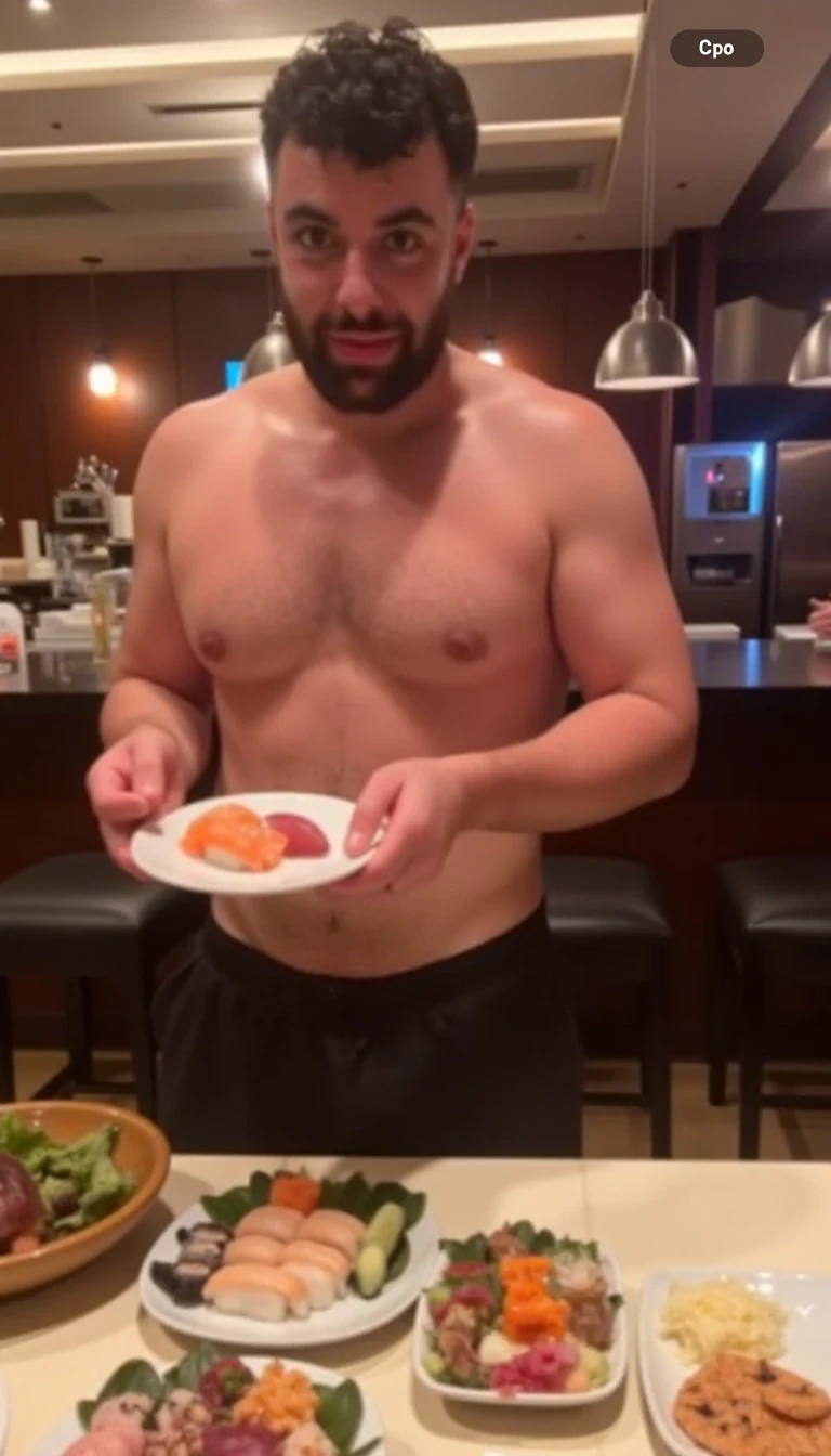 photo of man CSTMDL, fully clothed, paying thousands of dollars for sushi at a restaurant 