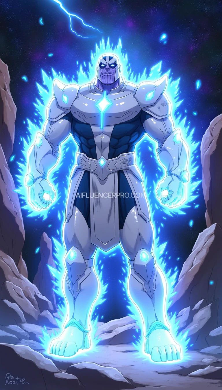 A Full body shot photo. Marvel's Thanos, anime style with Ultra Instinct aura,
Armored in a glowing and shiny white-blue armor surrounded by an intense energy aura.
The character has a defined expression and muscular physique,
and wears White Cybernetic armor with glowing blue crystals,
a heavy White crystal suit and additional torn clothing as if they had just finished a battle.
The scene is filled with glowing energy sparks, ice blasts, lightning cracks,
and a dark cosmic background with blue and purple hues.
The lighting is dramatic, emphasizing the glow of the armor and the energy aura,
with fine details on the arc reactor and body armor that show strength and durability. Detail, 4K.