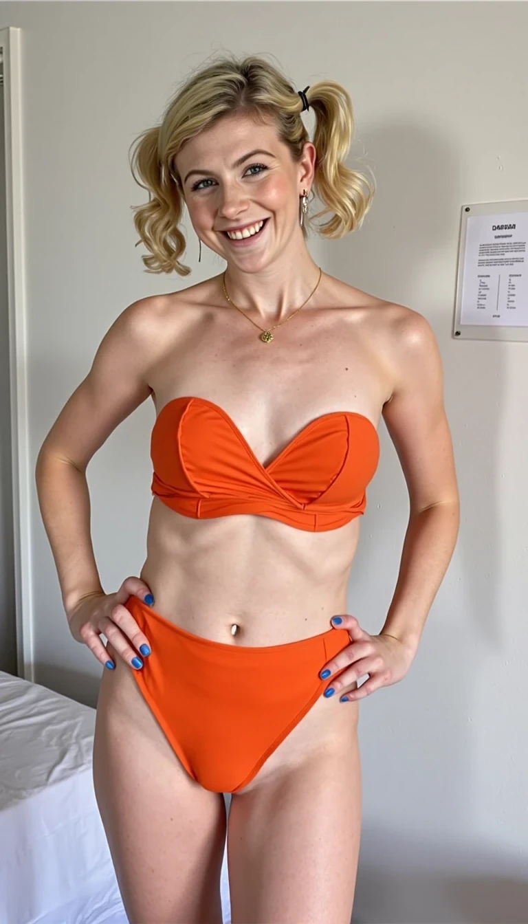 CSTMDL,blonde,modeling nude in her bedroom,perfect tear drop shaped boobs,big natural boobs,thin and petite,smiling like a whore,pigtails