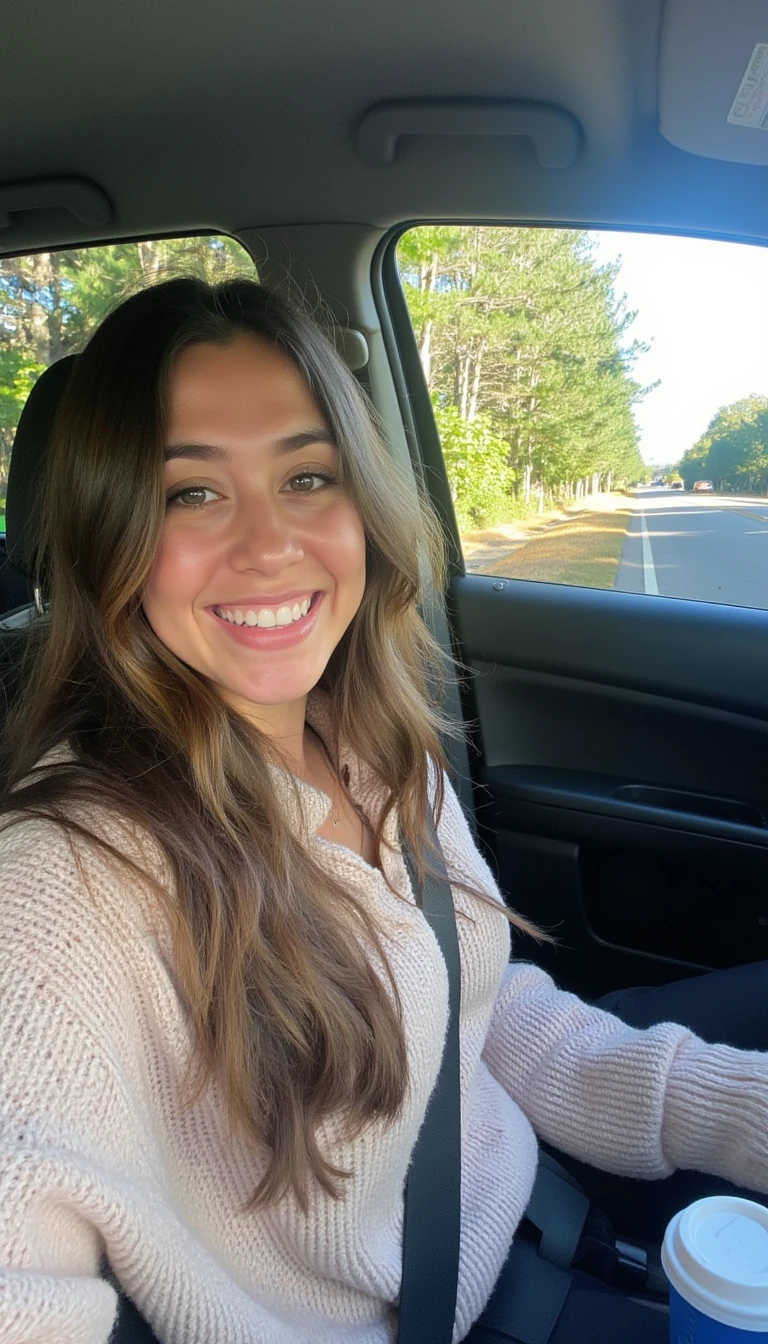 boring low quality snapchat photo circa 2015, A young woman with a warm smile, sitting in the driver's seat of a cozy car. She has soft, wavy brown hair cascading past her shoulders. The sunlight streams through the window, casting a gentle glow on her face. The interior of the car is neat and comfortable, with a coffee cup in the cup holder and a small plant on the dashboard. The background outside the window shows a scenic road lined with trees and blue skies