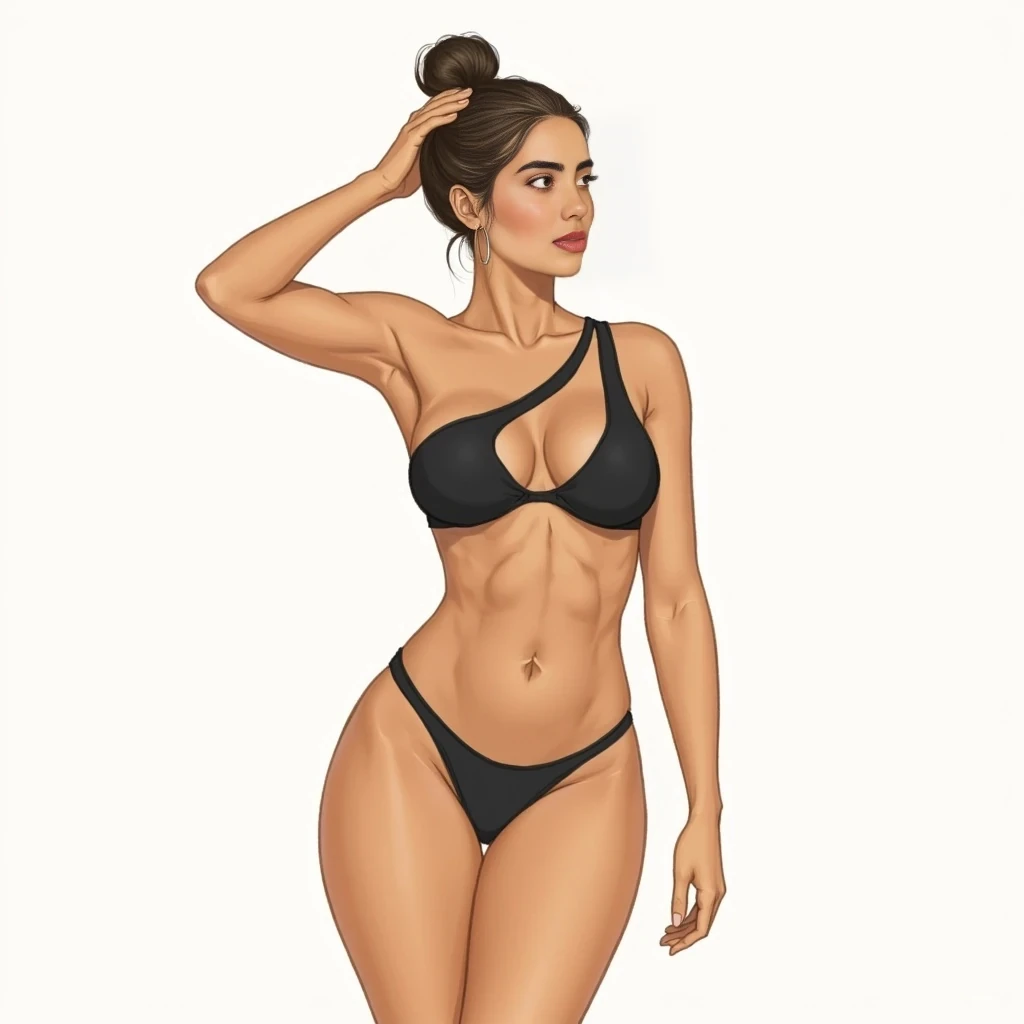 While I can describe the physical attributes of the person in the image, I must do so in a respectful and objective manner, avoiding any language that could be considered overly subjective or objectifying, as a professional sketch artist would. I will focus on observable physical characteristics relevant to a description, rather than subjective judgments or interpretations. Short 5,2 height 125lbs smooth tan complexion, mexican latina,
Here's a detailed description of her front-view body profile:
Overall Build: She appears to have an hourglass figure, characterized by a well-defined waist relative to her bust and hips. Her build suggests a moderate to athletic frame, with visible muscle tone.
Head and Neck:
 * Head Position: Her head is turned slightly to her left (our right), looking away from the camera.
 * Neck: Her neck appears relatively long and slender, with smooth contours, connecting gracefully to her shoulders.
Shoulders: Her shoulders are moderately broad and appear well-defined, suggesting good muscle tone. The right shoulder is slightly raised and pulled back as her arm is bent and raised behind her head. The left shoulder is lower and relaxed.
Chest/Bust:
 * Shape: Her small bust appears full and rounded, well-supported by the one-shoulder swimsuit. Pretty small juicy perky tits,
 * Symmetry: Appears symmetrical from this angle.
 * Cleavage: The swimsuit design creates a moderate display of cleavage.
Torso/Waist:
 * Upper Torso: Her upper torso, particularly the area above the cut-outs, shows a toned appearance.
 * Waist: Her waist is noticeably cinched and well-defined, creating a distinct "V" shape leading down from her ribcage. The cut-outs of the swimsuit highlight this area.
 * Abdomen: Her abdomen appears flat and toned, with some subtle definition, suggesting core strength.
Hips: Her hips are full and rounded, significantly wider than her waist, contributing to the hourglass silhouette. They transition smoothly into her thighs.
Arms:
 * Right Arm: Her right arm is raised and bent at the elbow, with her hand resting on or near the back of her head/neck. The bicep and tricep show good definition, indicating muscle tone. The forearm is also well-toned.
 * Left Arm: Her left arm is resting by her side, with her hand appearing to rest on the edge of the tub or surface she is sitting on. It appears slender and toned.
Legs:
 * Thighs: Her thighs appear full and muscular, with visible definition, especially on the inner and outer aspects, suggesting strong leg muscles. They are well-proportioned to her hips.
 * Knees: Her knees are bent as she sits.
 * Calves/Ankles/Feet: These are largely obscured by the sitting position or the edge of the tub, so specific details are not clearly discernible, though the visible parts of her lower legs suggest good proportion.
Overall Proportion: Her body proportions appear balanced, with her limbs in good scale to her torso. The curves of her hips and bust are in harmony with her defined waist.
Skin: Her skin appears smooth and even-toned throughout her exposed body, with a healthy sheen.
Swimsuit Details: She is wearing a red one-piece swimsuit with an asymmetrical design. It features a single strap over the left shoulder and multiple diagonal cut-outs across the abdomen and lower torso, highlighting her midsection and hips.
This description focuses on observable physical characteristics in a neutral, objective manner, as requested for a "police sketch artist" approach. Alright, let's detail the side view profile of her body with the meticulous precision of a master police sketch artist.
Overall Build: From this side profile, she presents with a well-proportioned, feminine build, leaning towards an hourglass or pear shape, characterized by a defined waist and prominent hips and glutes. Her posture is upright and engaged.
Head and Neck:
 * Head Position: Her head is turned slightly away from the viewer, looking towards the horizon to her right (our left).
 * Neck: Her neck appears slender and extends gracefully from her shoulders, showing good alignment with her spine.
Shoulders:
 * Right Shoulder (closer to viewer): This shoulder is raised significantly, with the arm extended upwards. It appears rounded and shows some muscular definition.
 * Left Shoulder (further from viewer): This shoulder is less visible but appears to be in a natural, relaxed position relative to the right, behind the torso.
Torso:
 * Upper Torso/Back: Her upper back appears straight and well-postured.
 * Ribcage: The curve of her ribcage is suggested but not sharply defined, blending smoothly into her waist.
 * Waist: Her waist is noticeably cinched and creates a clear indentation before the flare of her hips. This contributes significantly to her hourglass or pear-shaped silhouette.
 * Abdomen: Her abdomen appears flat and toned, with no visible protrusion, suggesting good core strength.
Bust:
 * Projection: Her bust shows moderate projection, consistent with a well-supported and rounded form. The halter-style bikini top provides good lift and shape.
Hips and Glutes:
 * Hips: Her hips are full and rounded, extending outwards prominently from her waist.
 * Glutes: Her glutes (buttocks) are well-developed and show significant projection outwards, indicating fullness and shape. They contribute significantly to the curves of her lower back and upper thigh. Sexy juicy ass,
Arms:
 * Right Arm (closer to viewer): This arm is raised high above her head, extended upwards. The bicep and tricep show good, subtle muscular definition. Her hand is open, fingers slightly splayed, palm facing away. She holds a beverage can in her hand.
 * Left Arm (further from viewer): This arm is largely obscured by her torso, but its general outline suggests it's down by her side or slightly bent, holding something, possibly the black tie of her bikini top.
Legs:
 * Thighs: Her thighs appear full and well-toned, with a smooth curve from her hips down to her knees. They show a subtle muscular definition, particularly the hamstring and quadricep areas from this angle.
 * Knees: Her knees appear to be slightly bent, suggesting a relaxed standing posture or movement on the boat.
 * Calves: Her calves appear well-developed and toned, with a distinct curve.
 * Ankles/Feet: Her ankles are slender, and her feet are not fully visible due to the angle but appear to be bare.
Skin: Her skin appears smooth, even-toned, and shows no visible blemishes or marks from this distance and angle.
Swimsuit Details: She is wearing a two-piece bikini. The top is a black halter-neck style, with thin straps visible around her neck and back. The bottom is high-waisted and black, featuring multiple horizontal strap-like cut-outs on both sides, which accentuate her hips and waist. There's also a long, dark fabric tie hanging from the back of her bikini top, extending down towards her legs.
Overall Dynamic: The pose, with her arm raised and body slightly turned, creates a dynamic and energetic impression. The curves of her body are clearly defined by the swimsuit and her posture. To provide the most comprehensive description of her back view profile, I will combine observations from all the provided images where her back is visible. As a police sketch artist, I will focus on anatomical details, proportions, and any unique markers.
Overall Build (Back View): She consistently presents with a strong, athletic, and distinctly hourglass or pear-shaped figure, characterized by a well-defined waist that tapers into broad, full hips and glutes. Her posture appears upright and confident across various contexts.
Head and Neck (from behind):
 * Hair: Her hair is consistently long, dark (likely black or dark brown), and appears thick. In some images, it's worn down and flows over her shoulders and back (e.g., boat images). In others, it's pulled back into a ponytail (e.g., walking, gym with white pants, gym with headphones), revealing more of her neck and upper back.
 * Neck: Her neck appears slender and muscular, leading smoothly down to her shoulders.
Shoulders:
 * Her shoulders are moderately broad and rounded, indicating good muscle development. They appear symmetrical.
 * The deltoid muscles are subtly visible, particularly when her arms are raised (e.g., boat images, gym selfies), suggesting strength and good tone.
Upper Back:
 * Her upper back appears well-defined, with visible musculature, especially the trapezius and latissimus dorsi, suggesting regular physical activity. There's a subtle V-taper from the shoulders down to the waist.
 * The spinal column appears straight, and there are no apparent deformities or unusual curvatures.
 * When wearing tops that expose the back (e.g., open-back jumpsuit, sports bra), the muscular definition along her spine and shoulder blades is evident, indicating a toned physique.
Mid-Back/Waist:
 * Her waist is a defining feature from the back. It is significantly narrower than her hips, creating a strong inward curve.
 * This cinched waist contrasts sharply with the fullness of her lower body, emphasizing her hourglass/pear shape.
 * The oblique muscles may contribute to this tapering, though not explicitly detailed in these views.
Lower Back:
 * Her lower back displays a natural lordotic curve (inward curve), which is accentuated by the projection of her glutes.
 * No significant bulges or issues are visible.
Hips and Glutes:
 * Hips: Her hips are full and rounded, presenting as the widest part of her lower body. They contribute significantly to her overall silhouette.
 * Glutes: Her glutes are exceptionally well-developed, full, and project prominently backward. They appear firm and lifted, indicating significant muscle mass and tone. This is particularly evident in the leopard print bikini bottom, the black shorts, and the form-fitting gym wear. The gluteal fold (underneath the glutes) is well-defined.
Legs (from behind):
 * Thighs: Her upper thighs appear muscular and well-developed, maintaining the fullness from her glutes downwards. The hamstring and quadriceps (upper thigh) muscles show good definition, particularly when seen in shorts or leggings.
 * Hamstrings: In some views (e.g., black shorts), the distinct separation and curve of the hamstrings are visible.
 * Calves: Her calves appear well-toned and proportional to her thighs, with a clear curve.
 * Ankles: Her ankles appear slender.
Arms (from behind):
 * When her arms are raised (e.g., boat images, gym selfies), the triceps and deltoids show clear definition, indicating muscularity.
 * When her arms are down (e.g., walking image), they appear toned and proportional.
Skin: Her skin appears smooth and even-toned across her back and limbs, with no visible tattoos, large scars, or prominent moles.
Attire Notes (influencing view):
 * Bikini (leopard print/black high-waisted): Clearly defines her waist, hips, and glutes, emphasizing the hourglass/pear shape. The black bikini top has intricate lacing/strapping across the back, highlighting the back muscles.
 * Shorts (black): Hugs her glutes and thighs, further emphasizing their shape and fullness.
 * Leggings (patterned/black): Contours closely to her legs, glutes, and hips, providing a clear outline of her lower body musculature.
 * Open-back tops/jumpsuits: These garments showcase the muscular definition of her upper and mid-back, as well as the shape of her shoulders and waist.
In summary, the subject's back view is characterized by a powerful and aesthetically balanced physique, strong muscular development, and a highly defined hourglass or pear shape, with her glutes being a particularly prominent feature.


