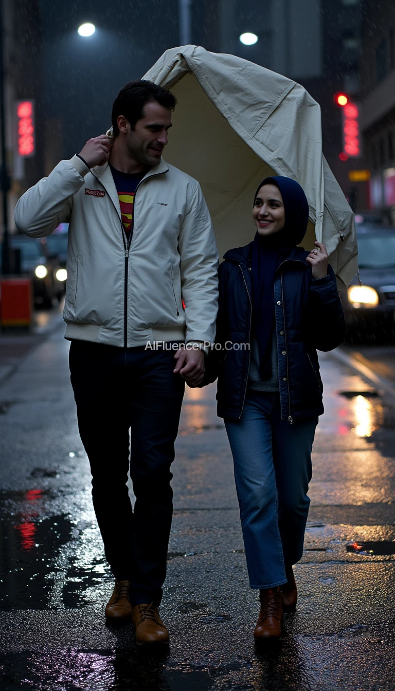 Photorealistic scene: A man resembling Henry Cavill walking through the rain with his partner on a dark, wet city street. He lifts his white jacket with one hand while holding his partner's hand with the other, creating an improvised umbrella to shield them from the rain. The man is dressed in a white jacket with a visible red and yellow Superman "S" logo subtly embroidered on the chest. He wears matching black trousers, his strong jawline and warm smile glowing as he looks at his partner. His partner, dressed in a navy hijab, a blue jacket, and jeans, smiles softly as she holds the edge of the jacket with her hand. The puddles on the street reflect shimmering city lights, creating a romantic and cinematic atmosphere amidst the rain.