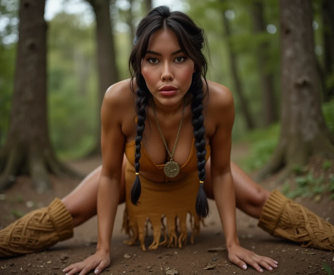 A medium shot photo of woman CSTMDL, a 25-year-old native American woman. The woman who is Native American in appearance has light tan skin tone, she is tall with a athletic build, medium sized boobs, her nipples are medium size and dark skinned areolas, She is wearing her hair in a native American style with 2 long braids, She is wearing a sexy native American leather outfit in a golden yellow color, in a wooded area she is bent over on all fours with her legs spread wide apart on the ground, She is maintaining intense eye contact with the camera staring stoically without any other expression at all. The composition captures a casual, candid moment, romantic setting, Hyper realism, captured with a nikon d850, 16k, uhd, ultra-sharp focus, depth of field, perfect meshes and textures, highly detailed, highly accurate reflections, volumetric fog, volumetric lighting, volumetric light, hdr, ray tracing, cinematic shooting style, her entire body is in the frame including her hands which are on the ground 