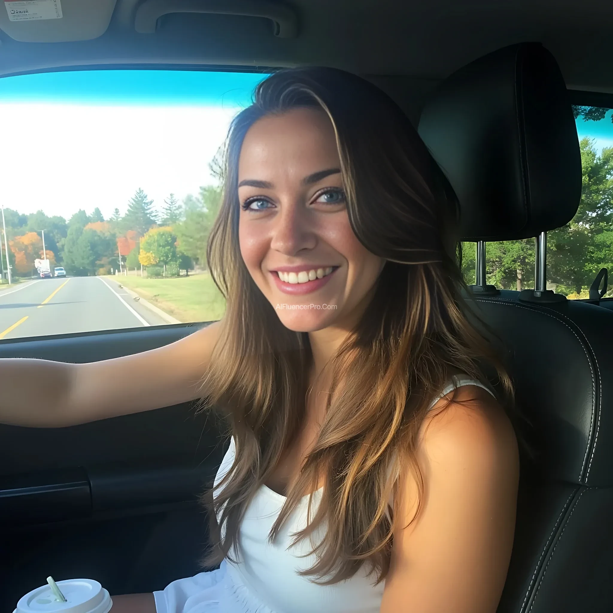 boring low quality snapchat photo circa 2015, A young woman with a warm smile, sitting in the driver's seat of a cozy car. She has soft, wavy brown hair cascading past her shoulders. The sunlight streams through the window, casting a gentle glow on her face. The interior of the car is neat and comfortable, with a coffee cup in the cup holder and a small plant on the dashboard. The background outside the window shows a scenic road lined with trees and blue skies