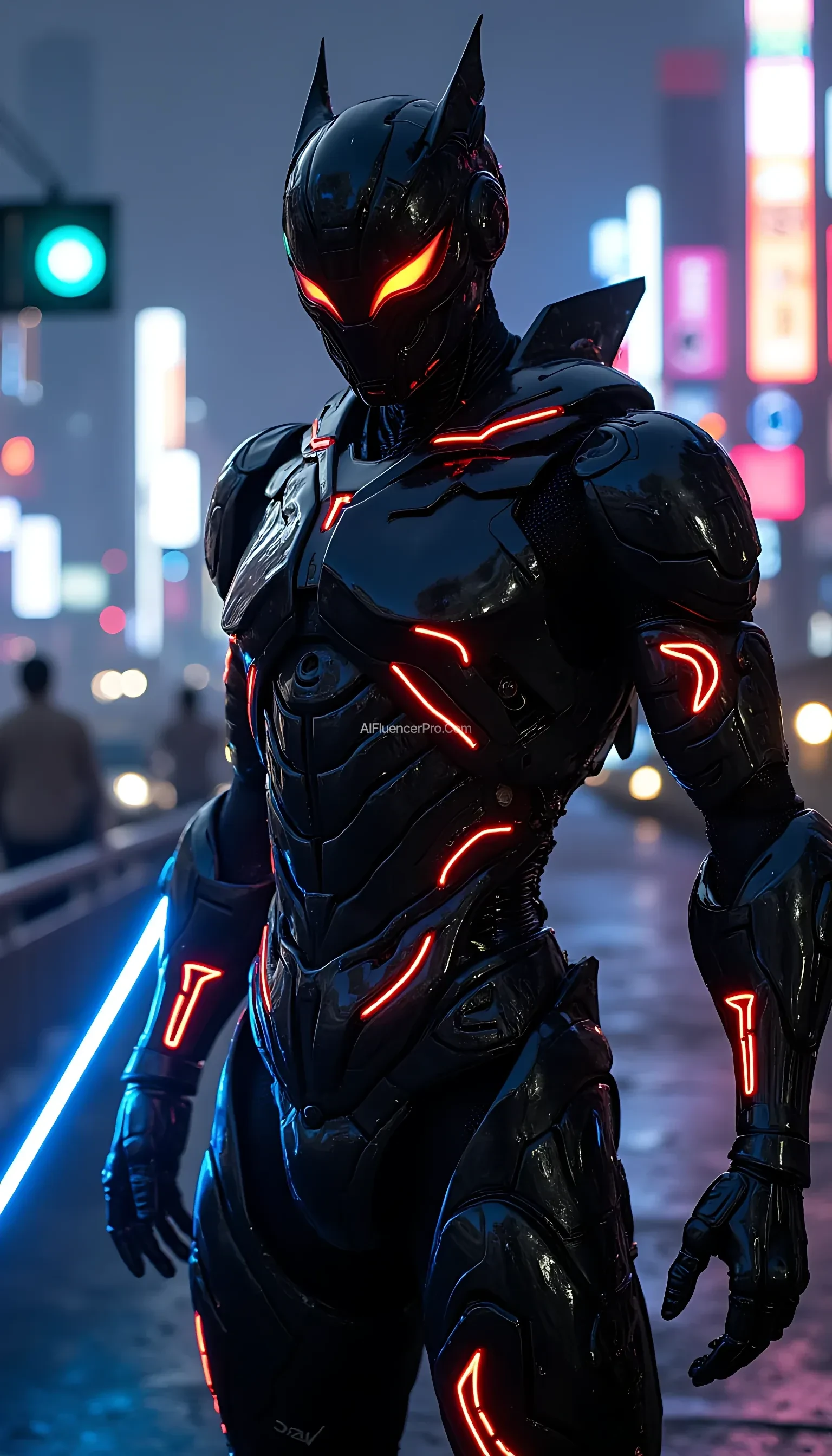 a futuristic ninja robot with an incredibly cool appearance. The robot features sleek black armor with glowing red neon accents, exuding agility and strength. Its arms are equipped with weapons like a blue laser sword, and intricate mechanical details adorn its body. The helmet includes a glowing red visor. The background is a futuristic city at night with bright neon lights, creating an action-packed and mysterious atmosphere.